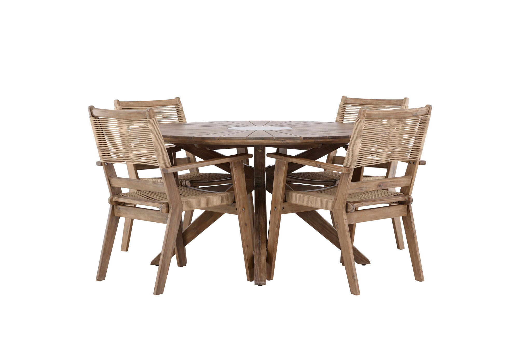 Venture Home Rosario spisebord- Teak Ø140 +Peter Diningchair Acacia - Dark brown / Beige _4