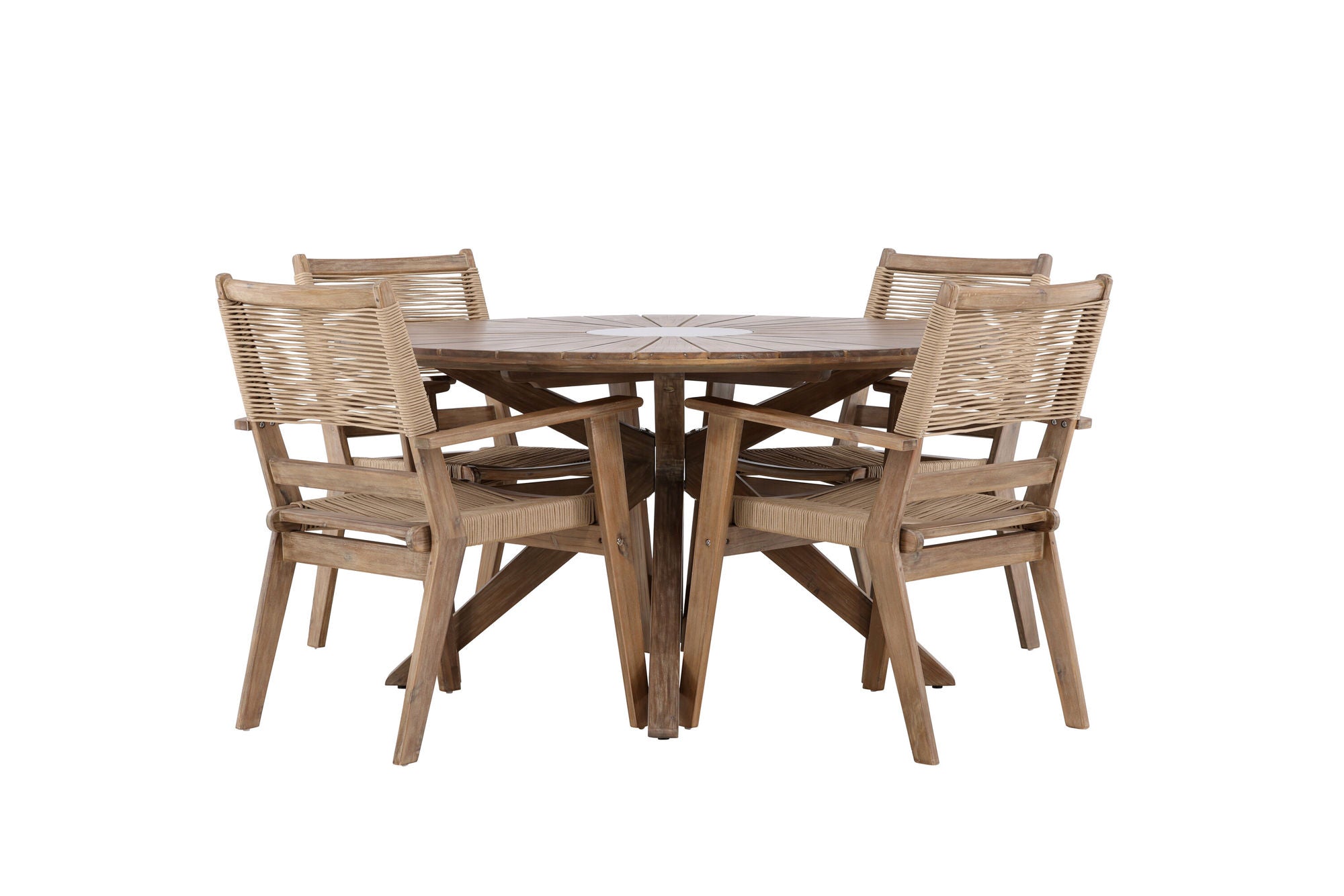 Venture Home Rosario spisebord- Teak Ø140 +Peter Diningchair Acacia - Dark brown / Beige _4