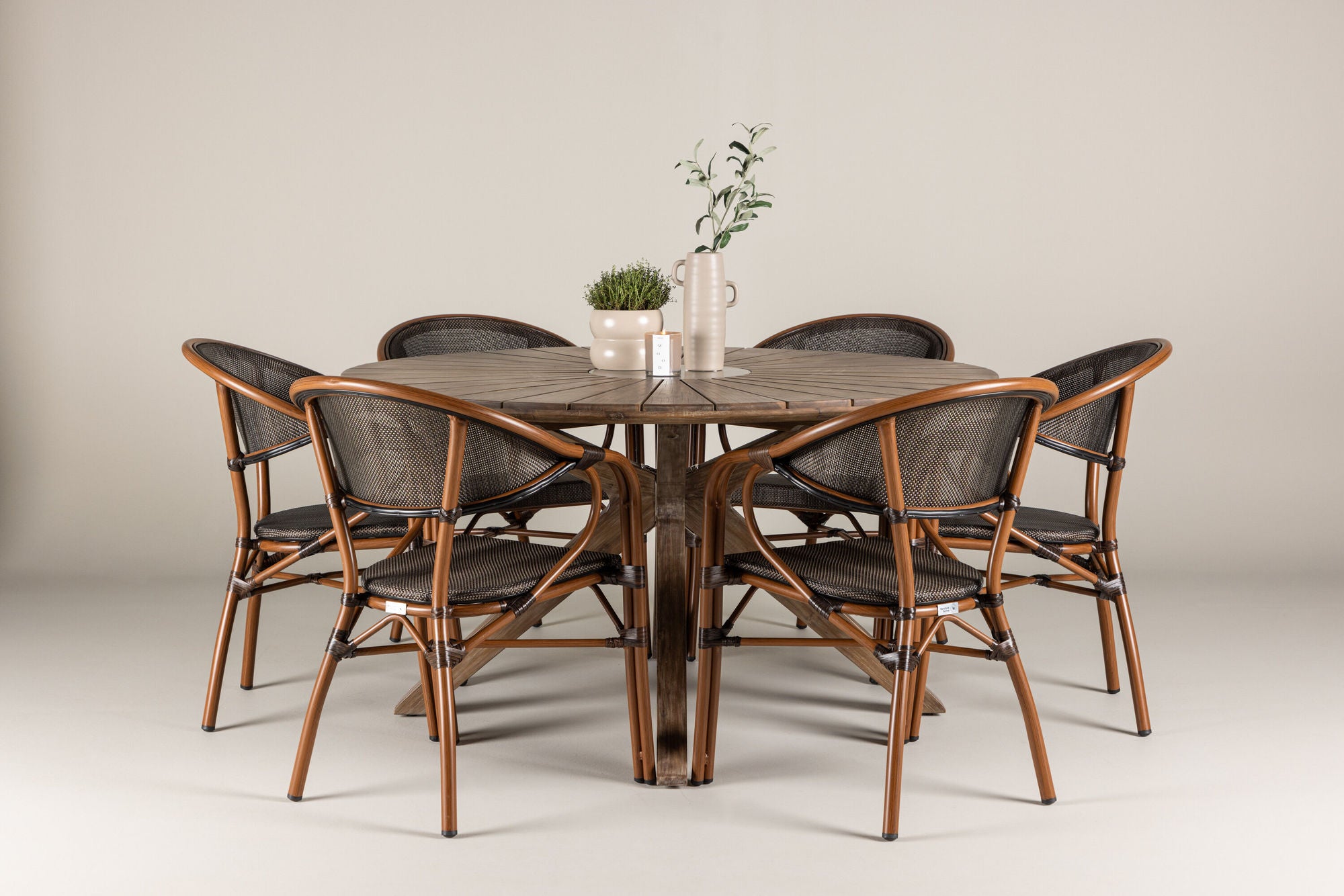 Venture Home Rosario spisebord- Teak Ø140 +Vila Real Caféchair 2-pack - Brown/Black _6