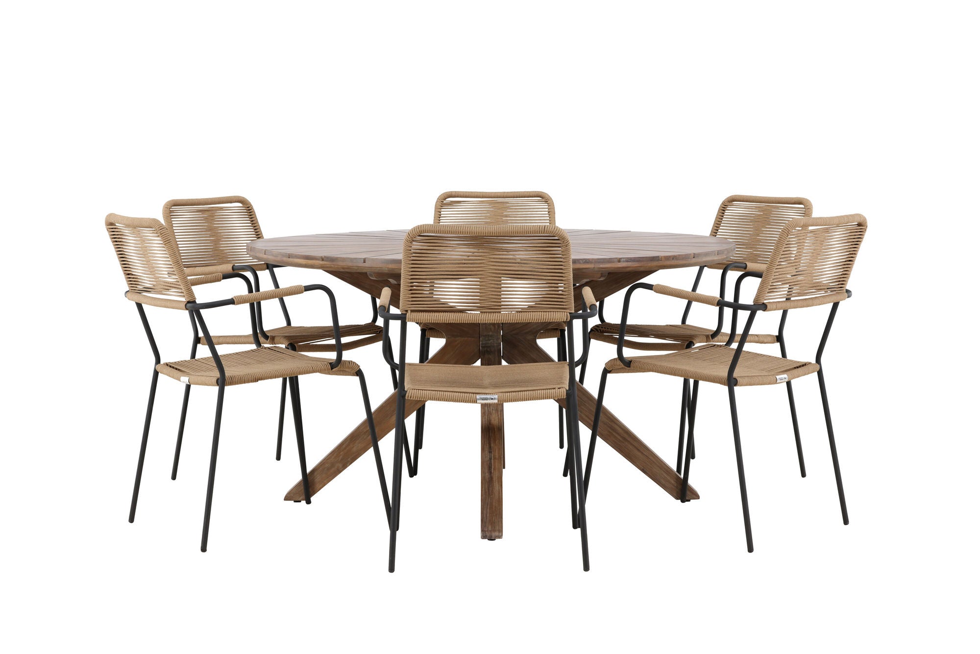 Venture Home Rosario spisebord- Teak Ø140 +Lindos - Armchair - Black Alu / Latte Rope _6