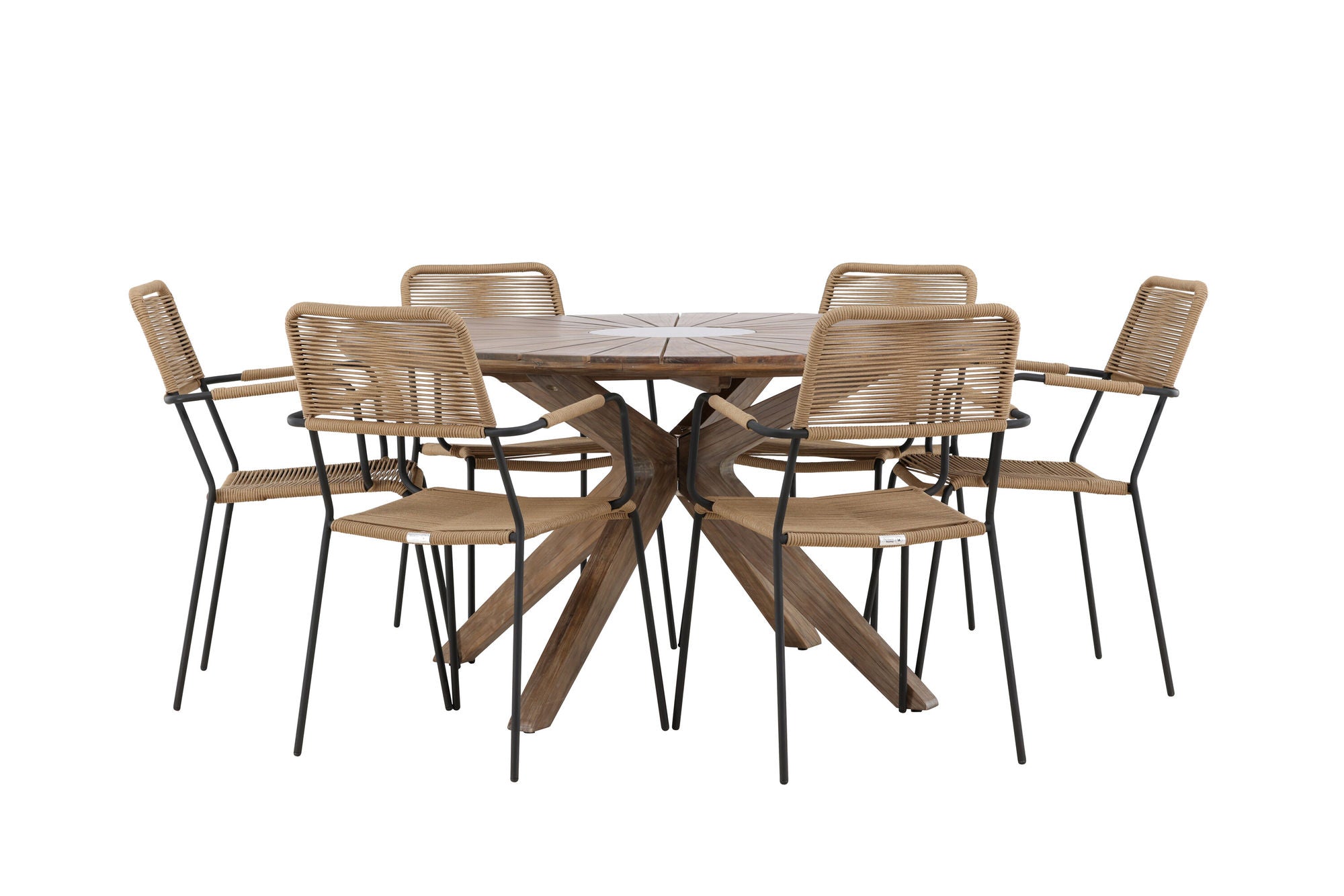 Venture Home Rosario spisebord- Teak Ø140 +Lindos - Armchair - Black Alu / Latte Rope _6