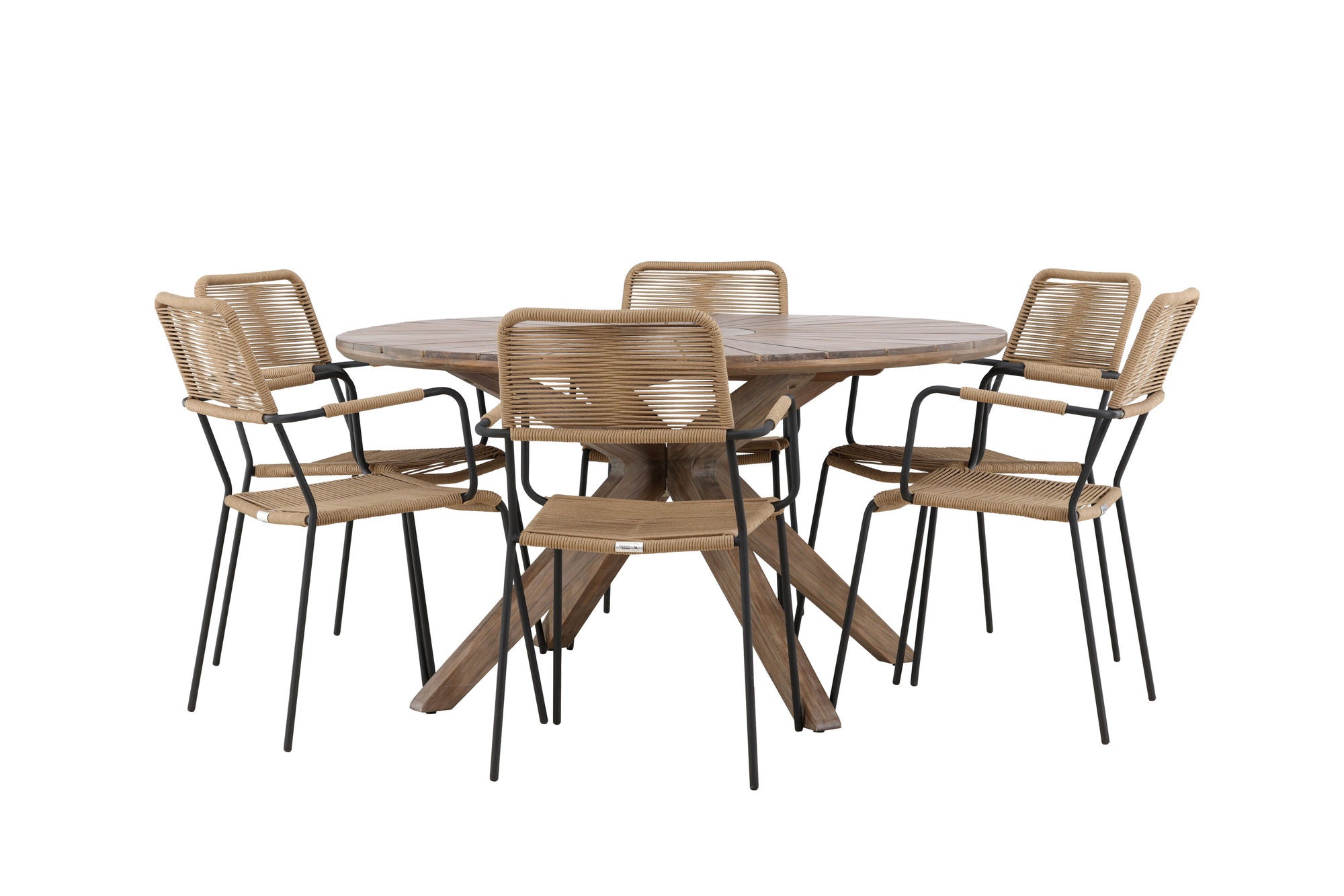 Venture Home Rosario spisebord- Teak Ø140 +Lindos - Armchair - Black Alu / Latte Rope _6