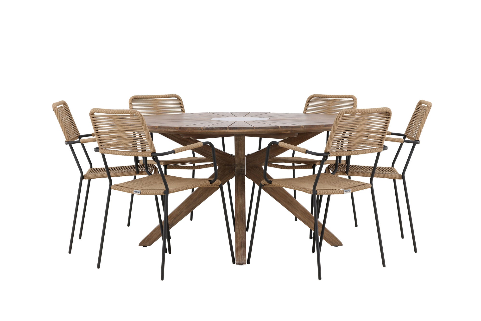 Venture Home Rosario spisebord- Teak Ø140 +Lindos - Armchair - Black Alu / Latte Rope _6