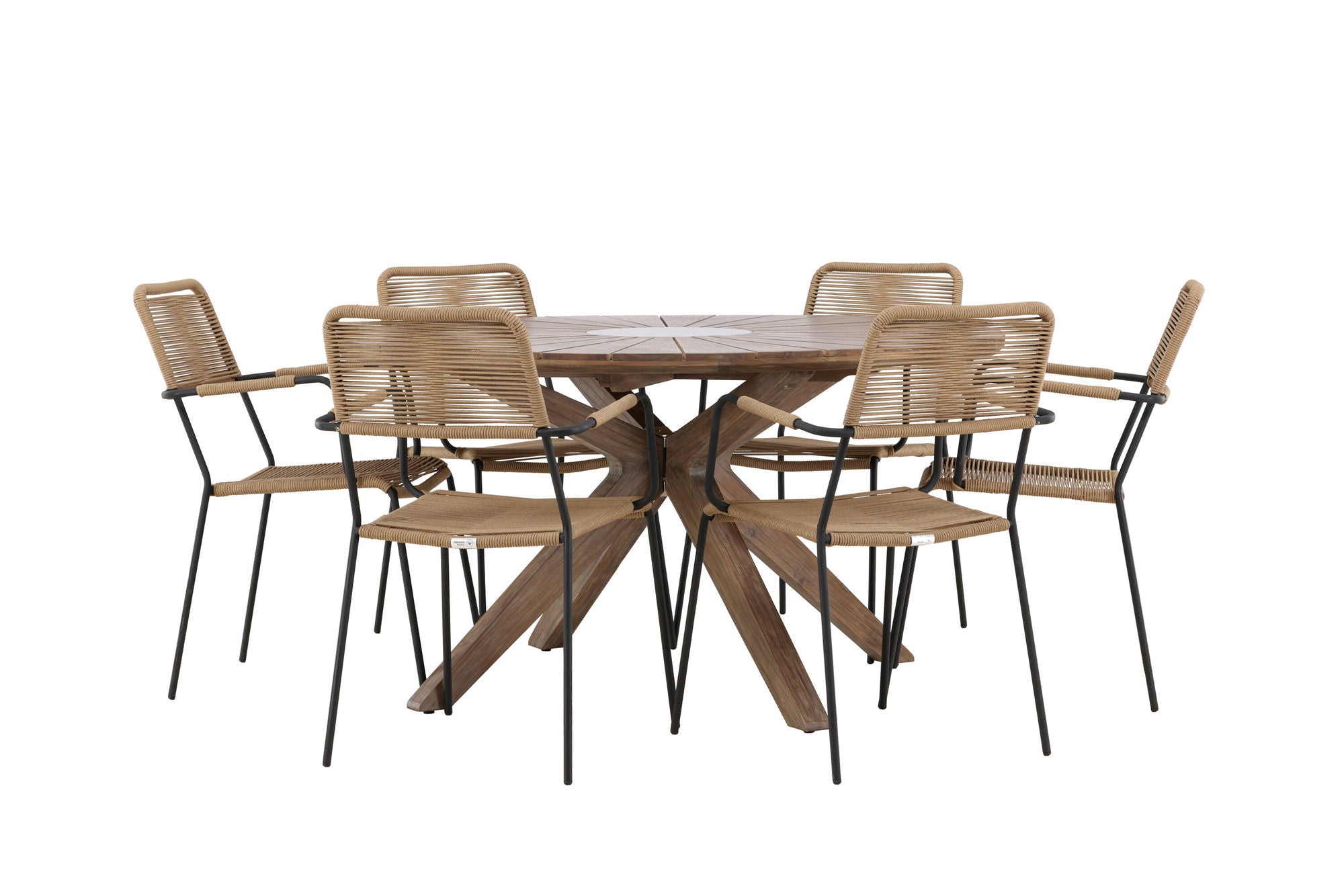 Venture Home Rosario spisebord- Teak Ø140 +Lindos - Armchair - Black Alu / Latte Rope _6