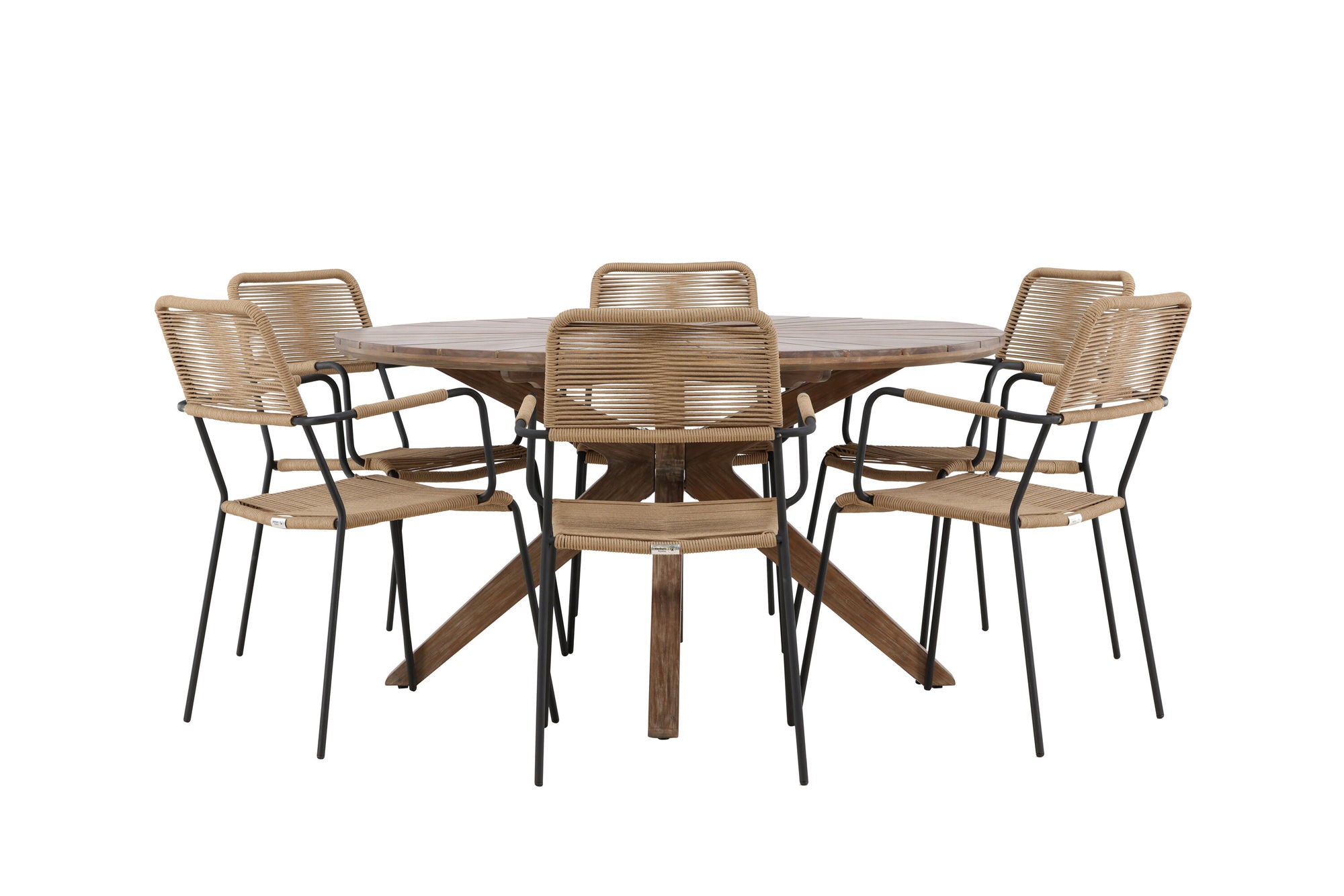 Venture Home Rosario spisebord- Teak Ø140 +Lindos - Armchair - Black Alu / Latte Rope _6