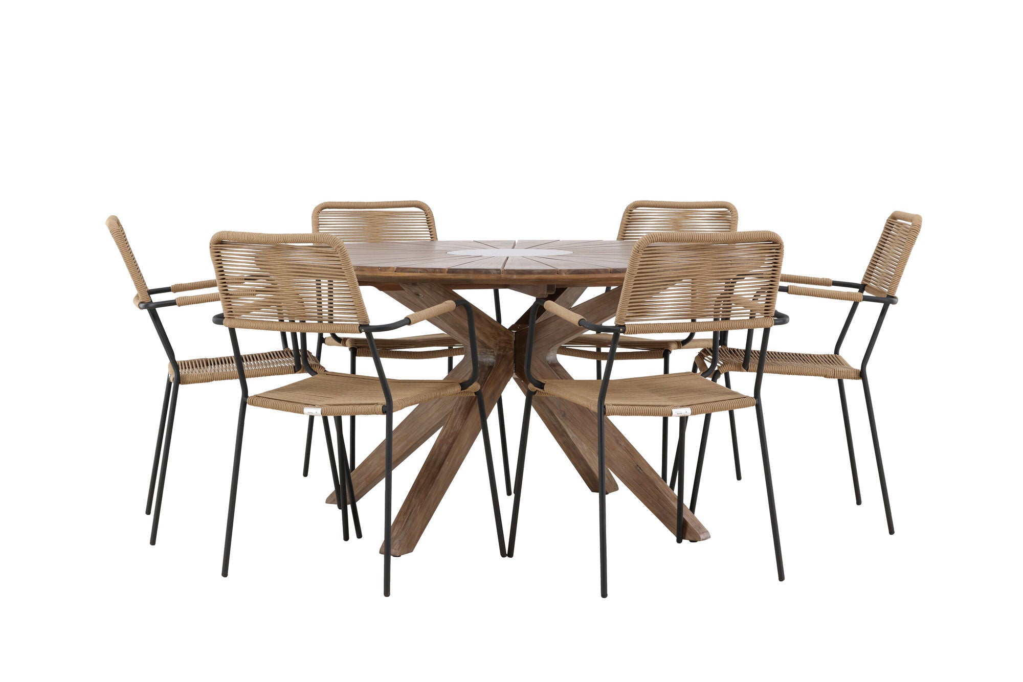 Venture Home Rosario spisebord- Teak Ø140 +Lindos - Armchair - Black Alu / Latte Rope _6