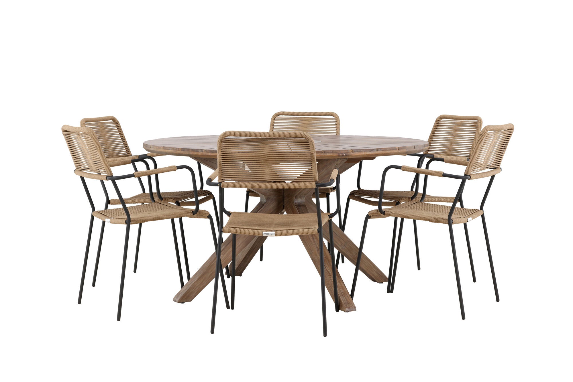 Venture Home Rosario spisebord- Teak Ø140 +Lindos - Armchair - Black Alu / Latte Rope _6