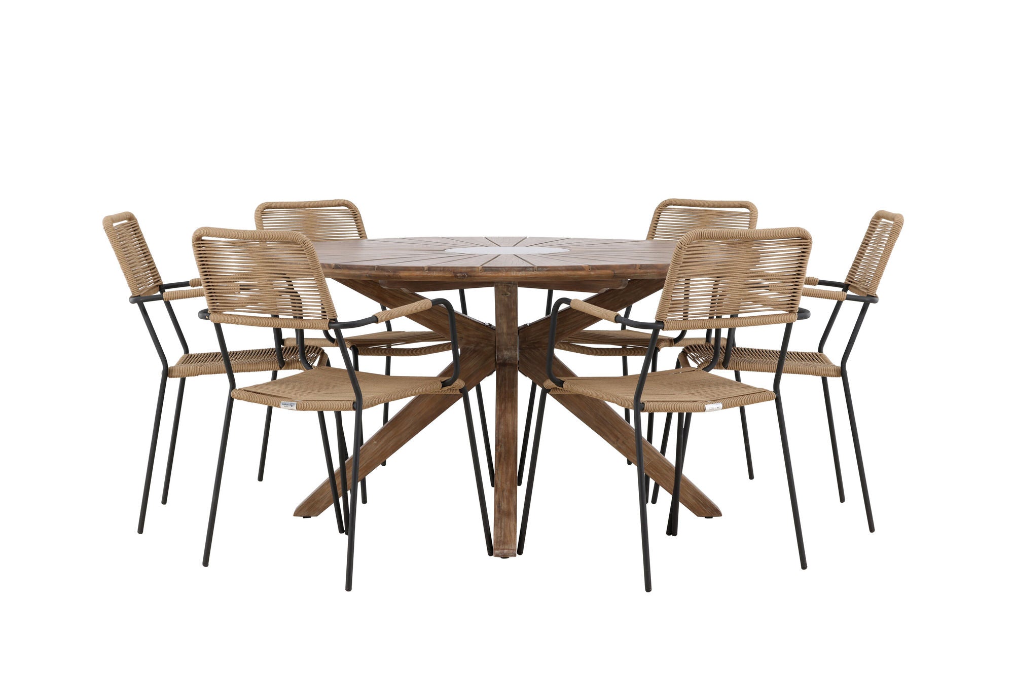 Venture Home Rosario spisebord- Teak Ø140 +Lindos - Armchair - Black Alu / Latte Rope _6