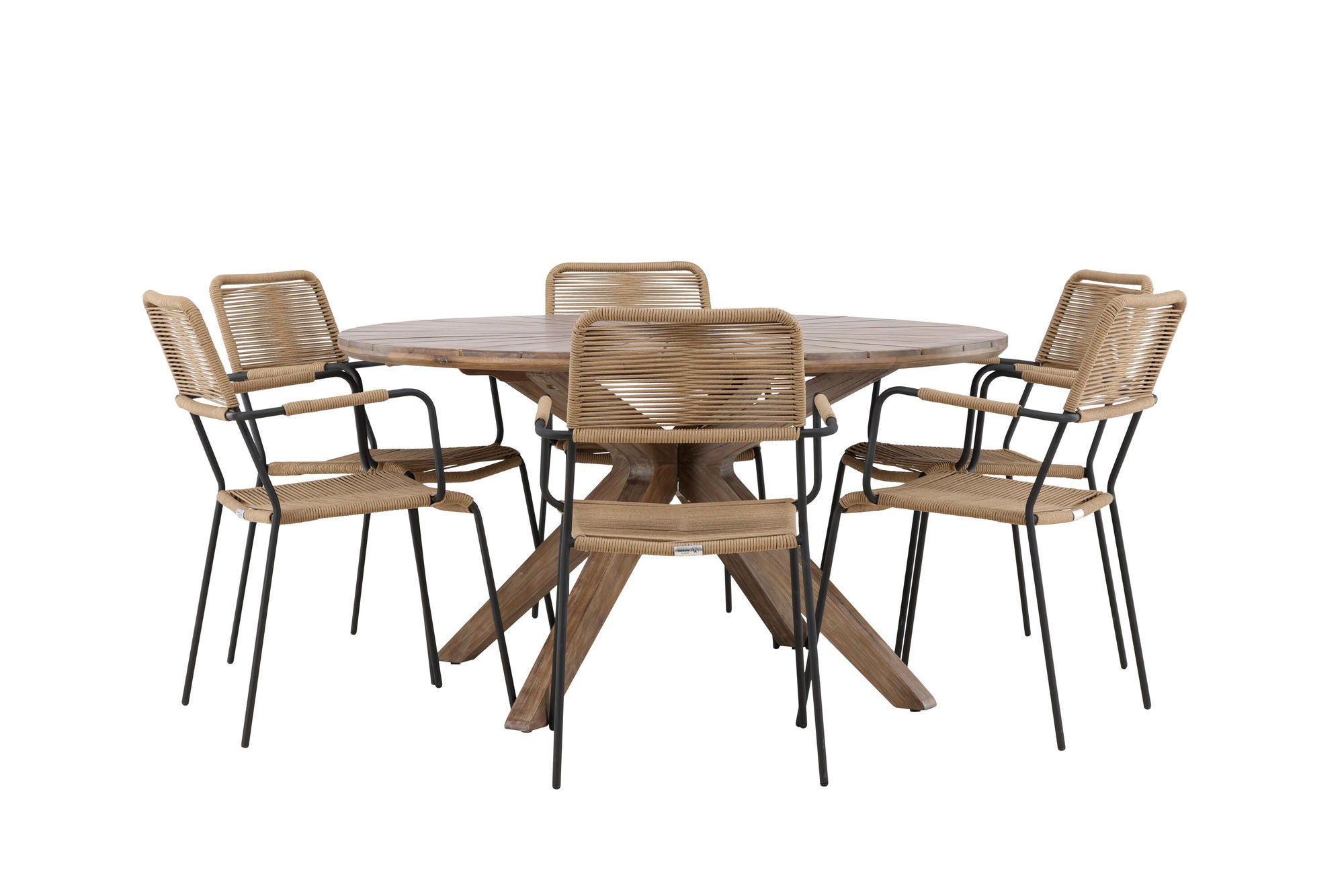 Venture Home Rosario spisebord- Teak Ø140 +Lindos - Armchair - Black Alu / Latte Rope _6