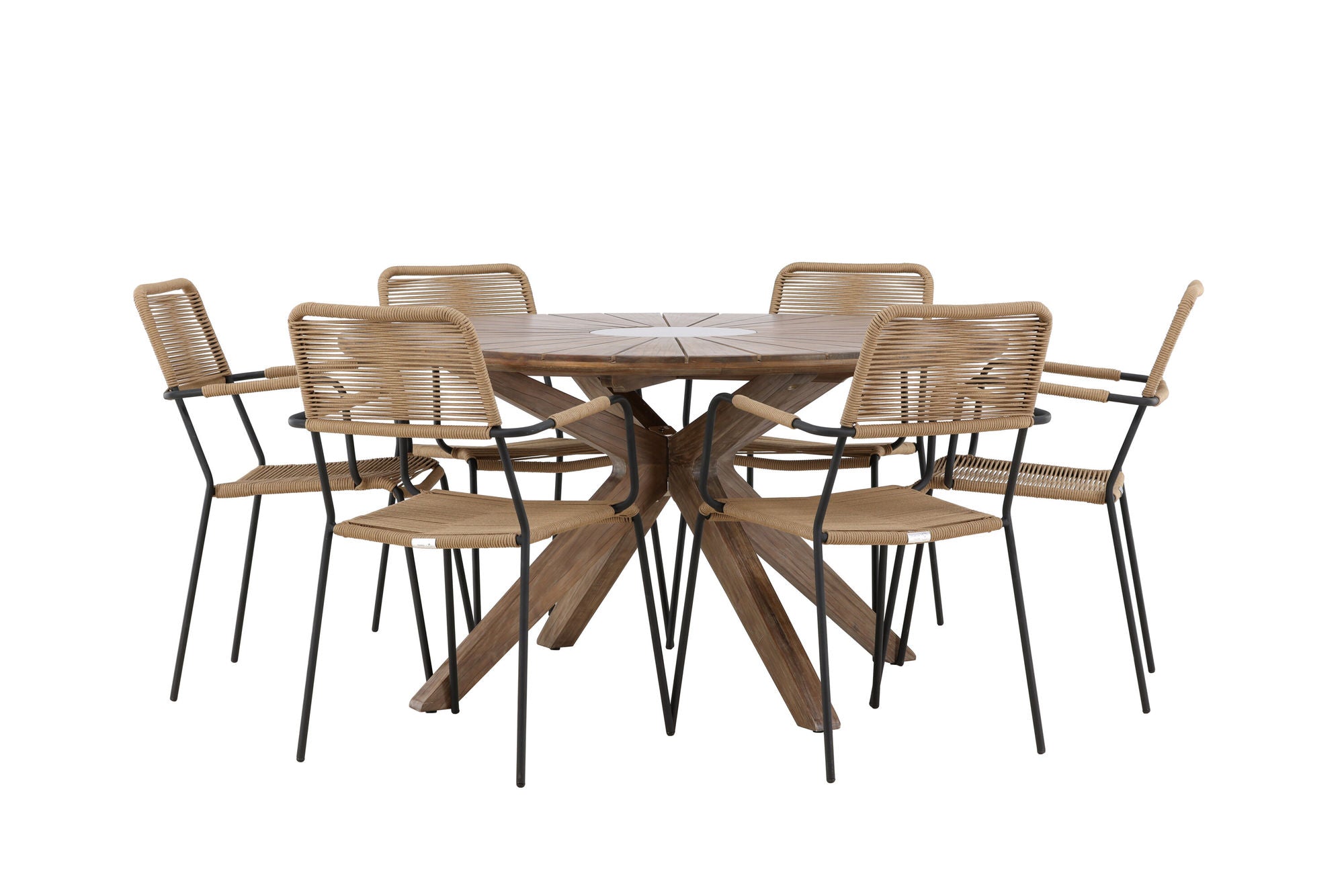 Venture Home Rosario spisebord- Teak Ø140 +Lindos - Armchair - Black Alu / Latte Rope _6