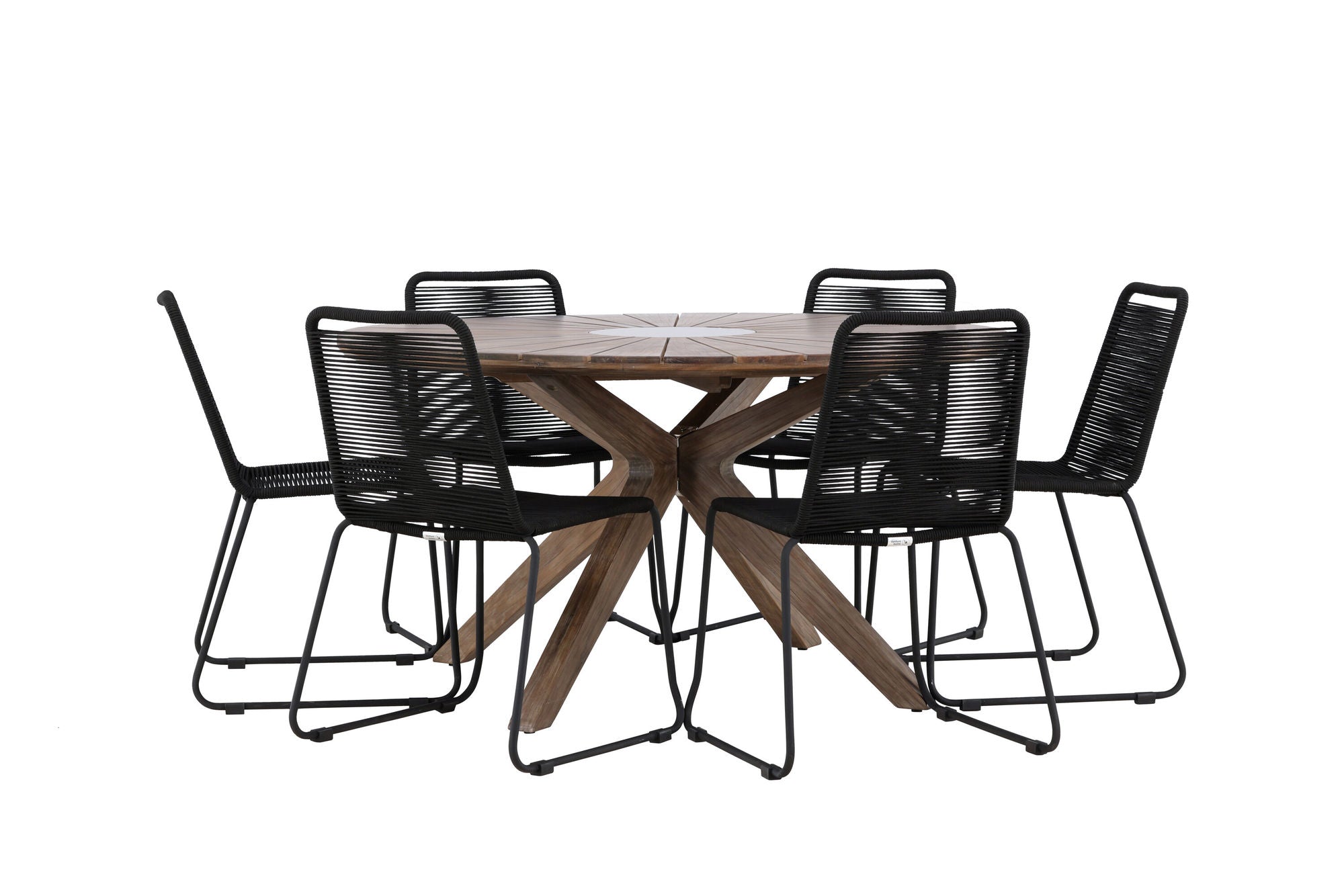 Venture Home Rosario spisebord- Teak Ø140 +Lindos Stacking stol - Black Alu / Black Rope _6
