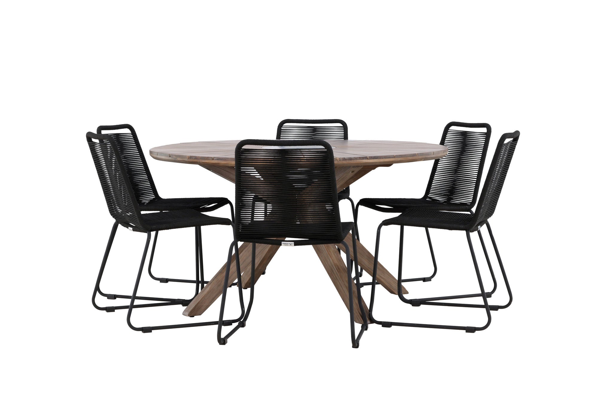 Venture Home Rosario spisebord- Teak Ø140 +Lindos Stacking stol - Black Alu / Black Rope _6