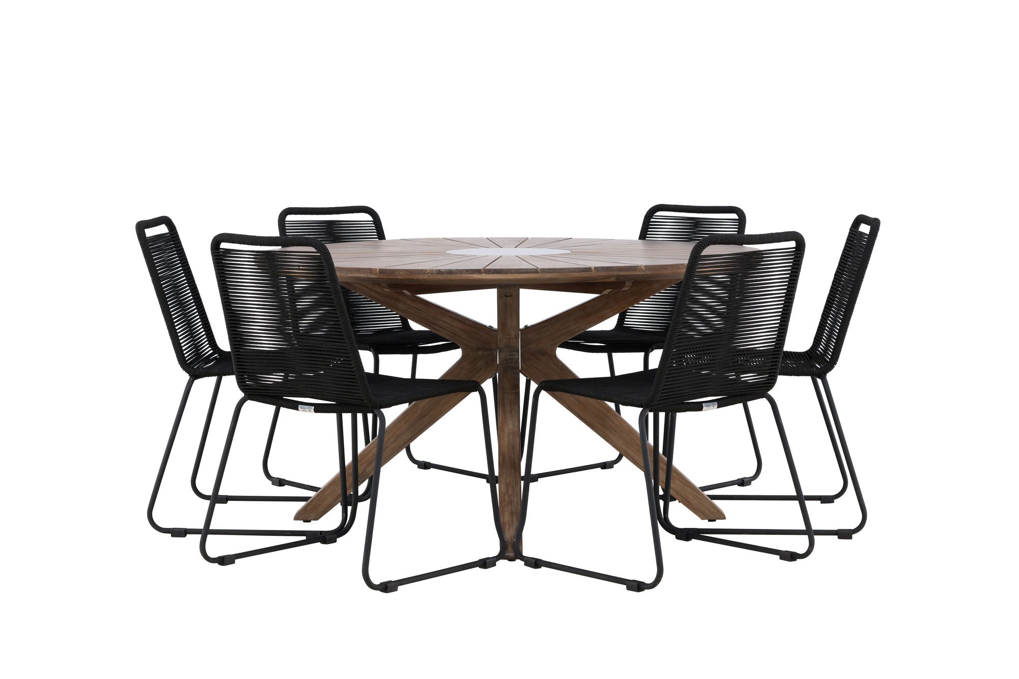 Venture Home Rosario spisebord- Teak Ø140 +Lindos Stacking stol - Black Alu / Black Rope _6
