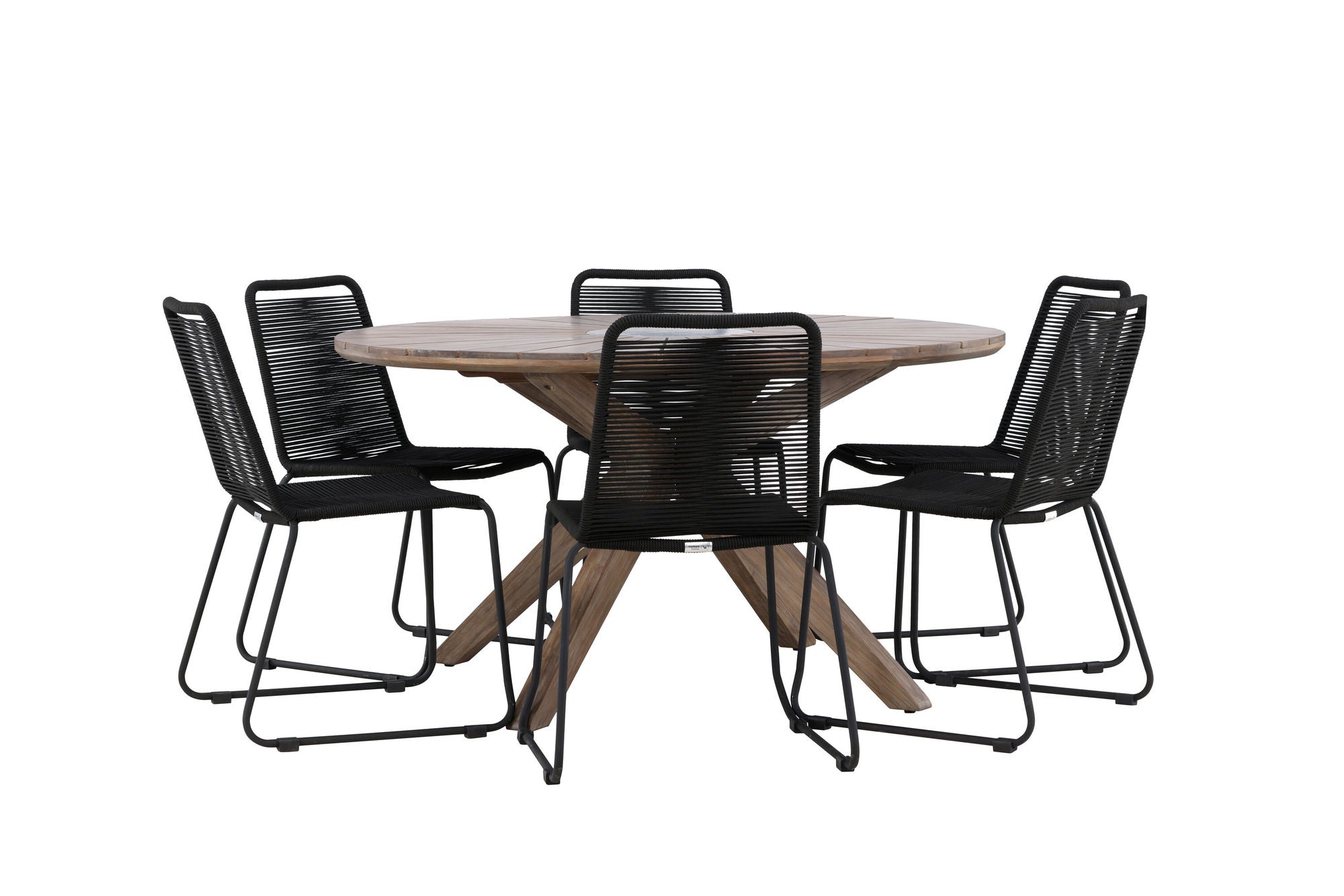 Venture Home Rosario spisebord- Teak Ø140 +Lindos Stacking stol - Black Alu / Black Rope _6