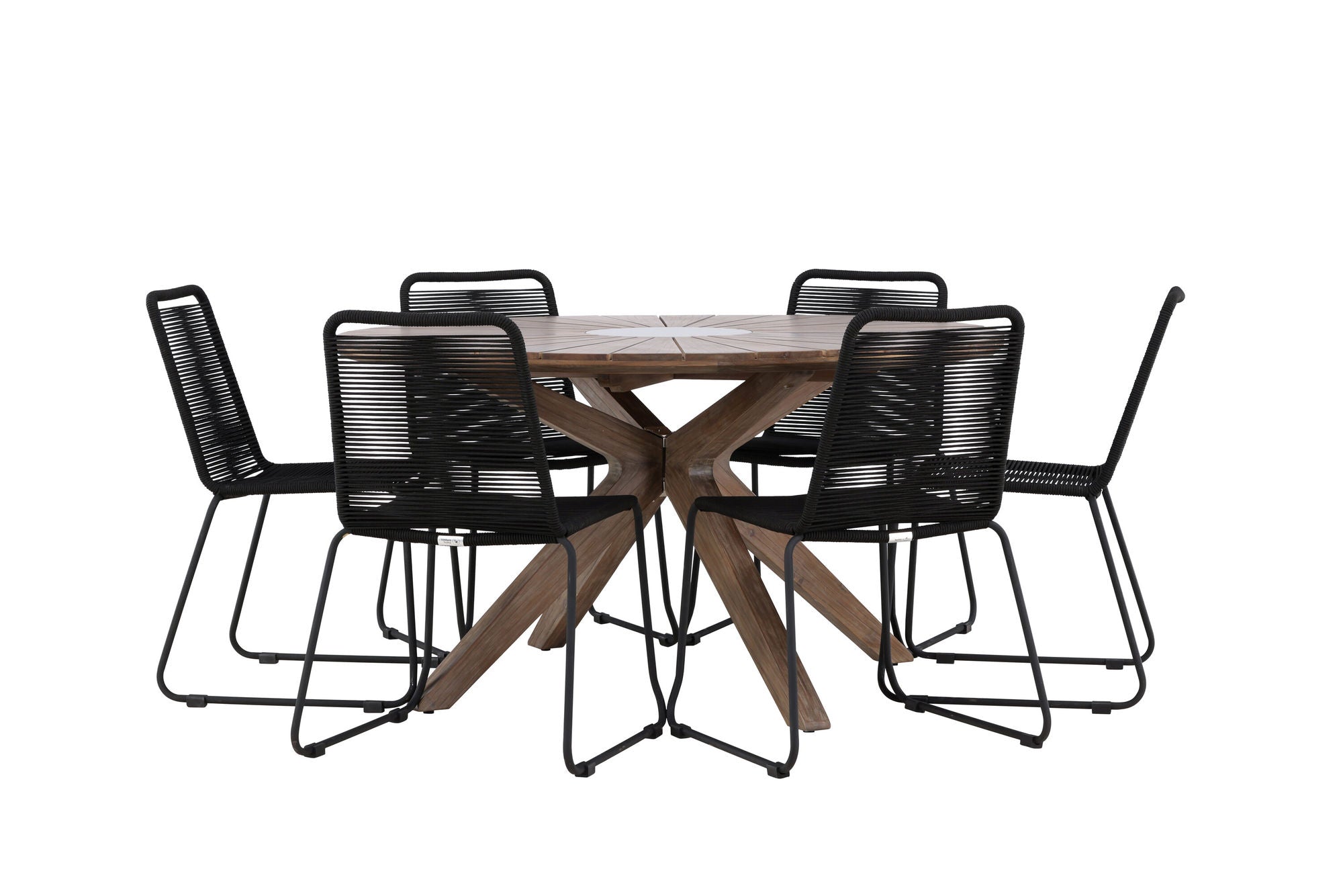 Venture Home Rosario spisebord- Teak Ø140 +Lindos Stacking stol - Black Alu / Black Rope _6