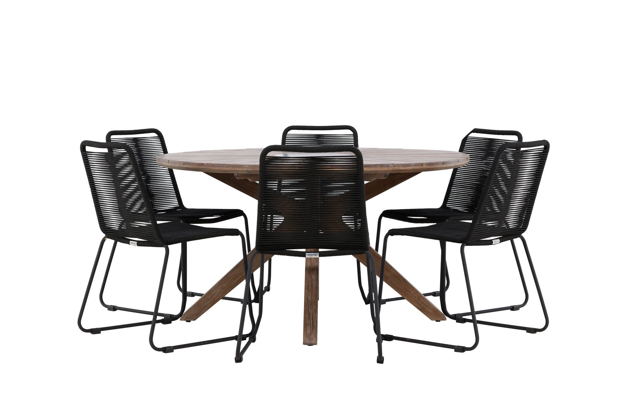 Venture Home Rosario spisebord- Teak Ø140 +Lindos Stacking stol - Black Alu / Black Rope _6
