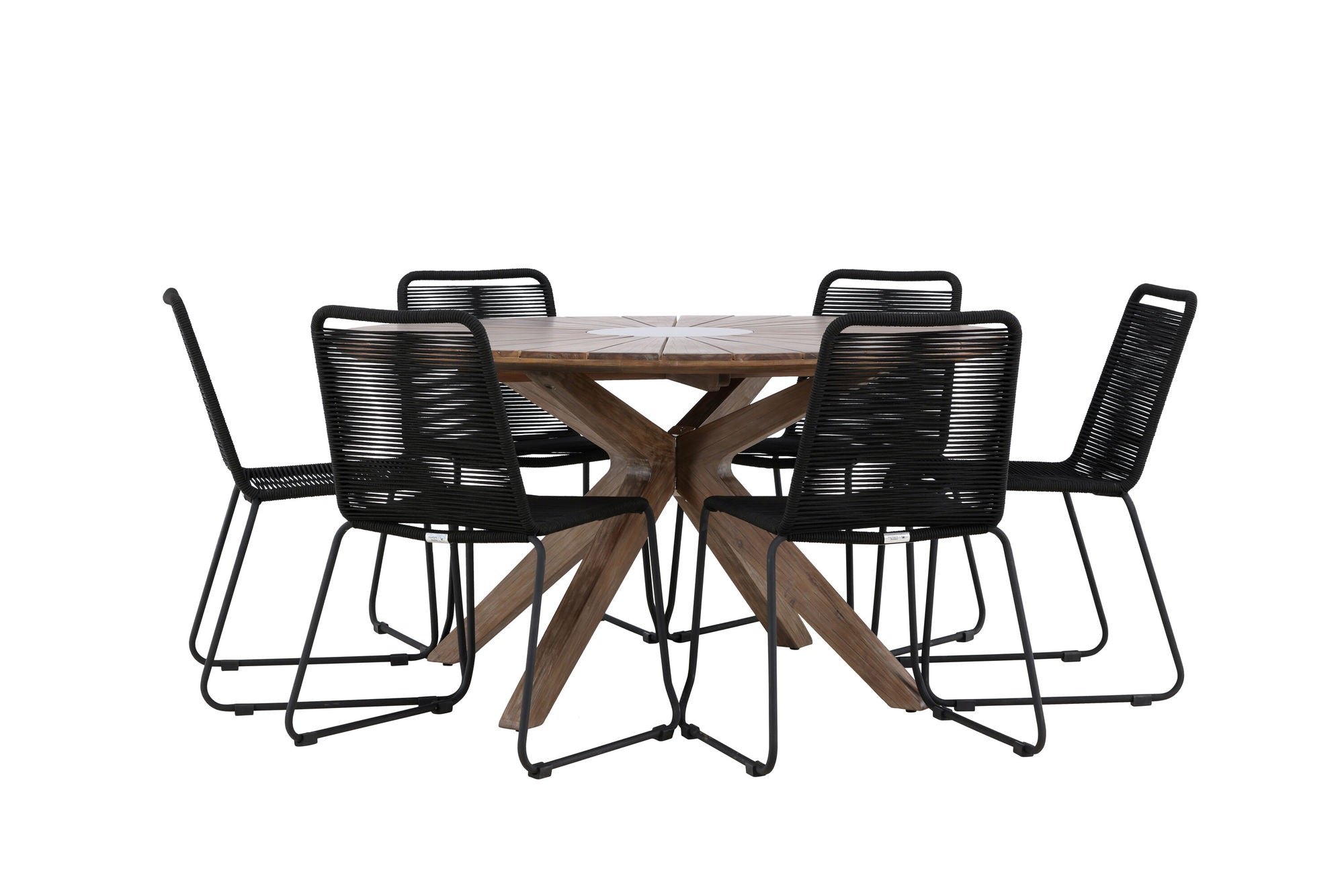 Venture Home Rosario spisebord- Teak Ø140 +Lindos Stacking stol - Black Alu / Black Rope _6