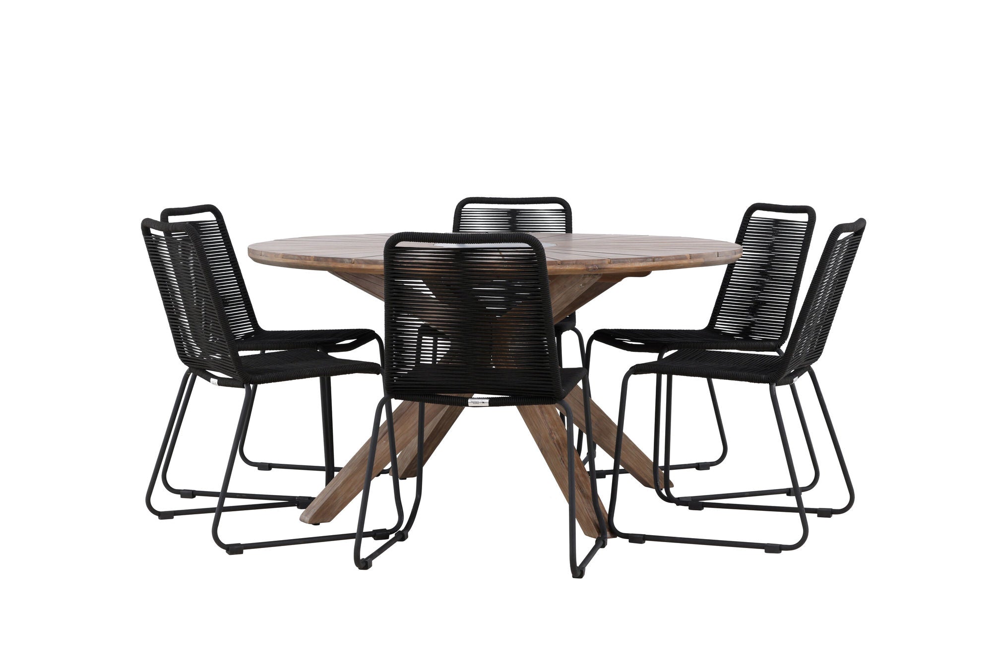 Venture Home Rosario spisebord- Teak Ø140 +Lindos Stacking stol - Black Alu / Black Rope _6
