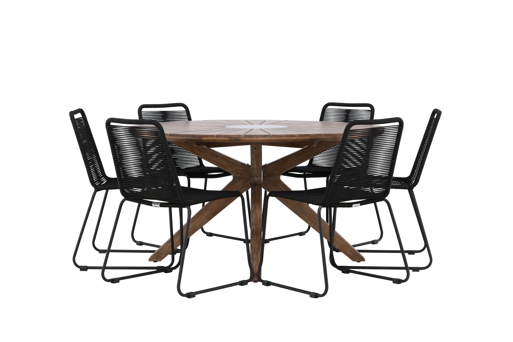 Venture Home Rosario spisebord- Teak Ø140 +Lindos Stacking stol - Black Alu / Black Rope _6
