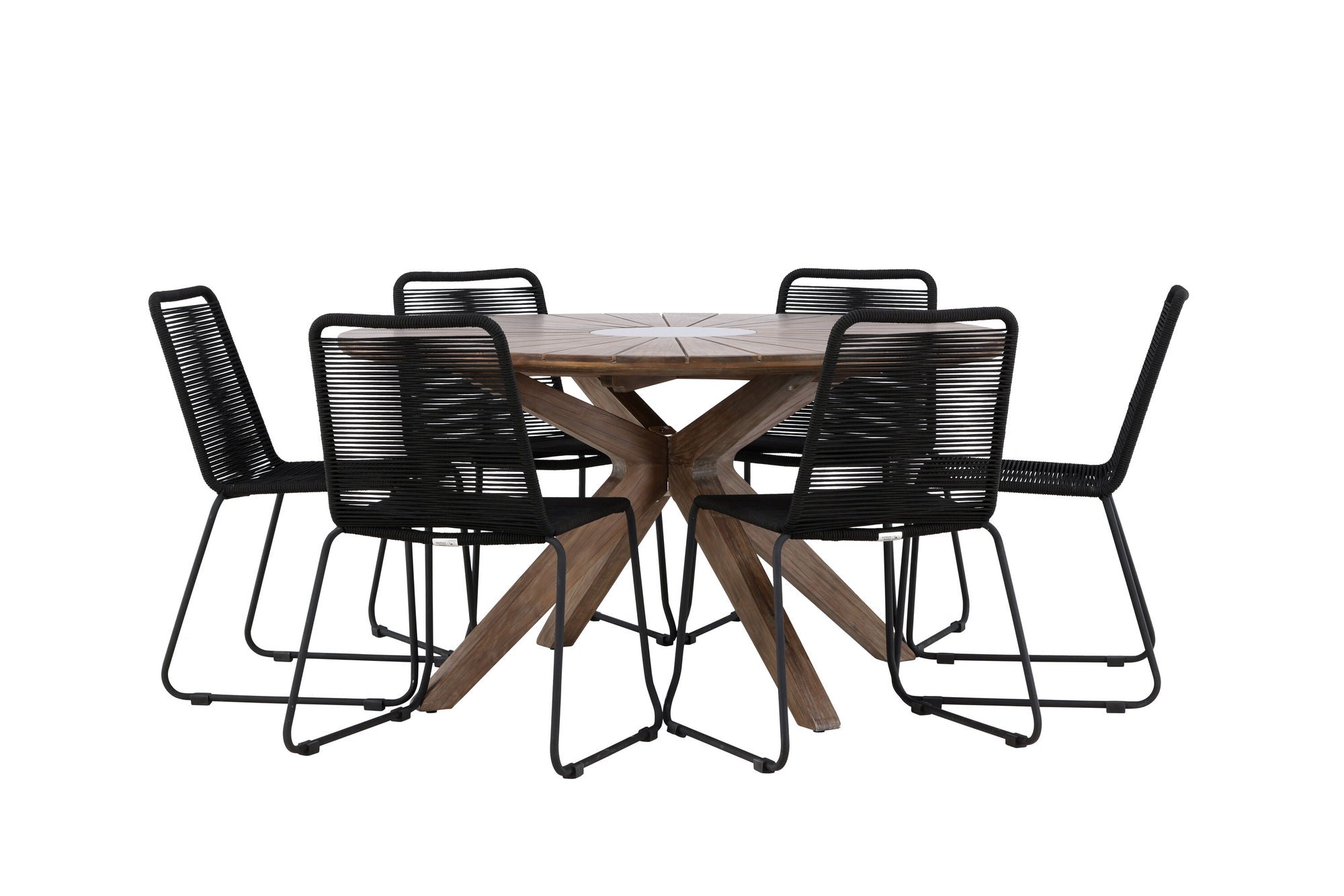 Venture Home Rosario spisebord- Teak Ø140 +Lindos Stacking stol - Black Alu / Black Rope _6