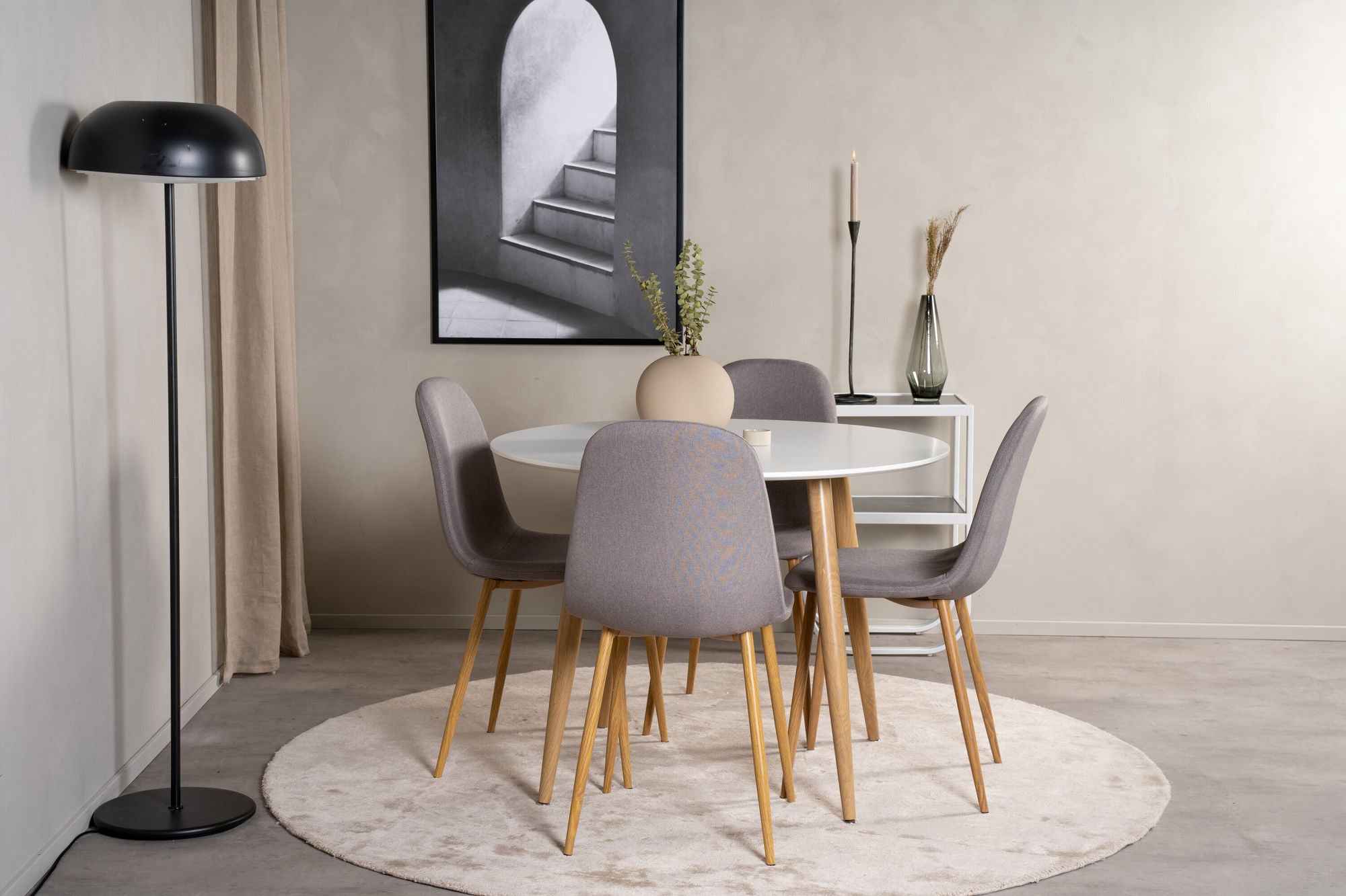 Venture Home Plaza Runt Matbord - Ek-Look / Vit - ø100*H75 +Polar Dining chair Oak legs / Grey Fabric _4