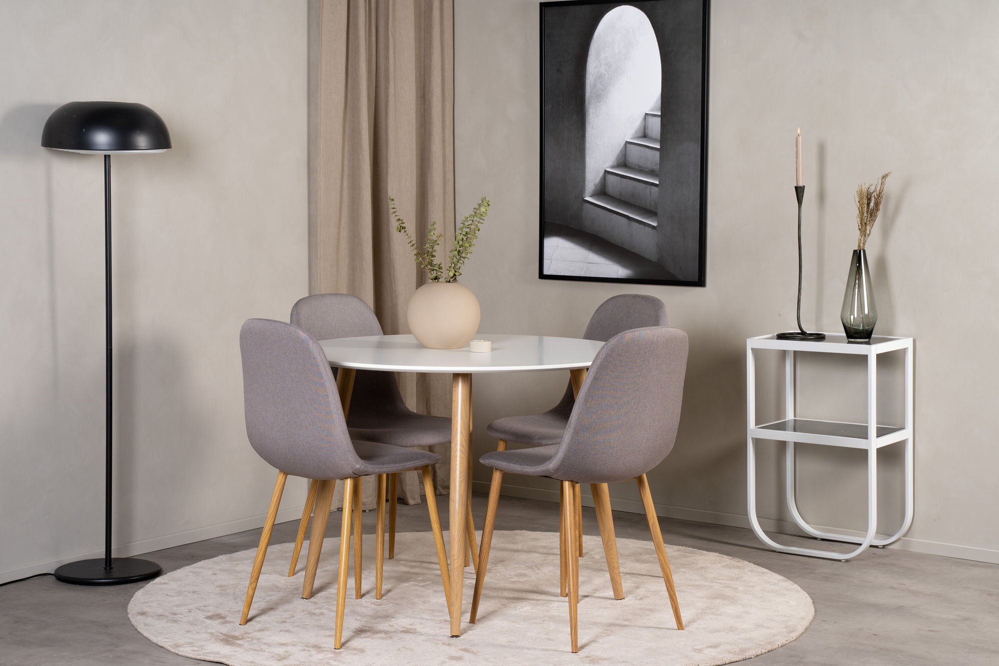 Venture Home Plaza Runt Matbord - Ek-Look / Vit - ø100*H75 +Polar Dining chair Oak legs / Grey Fabric _4