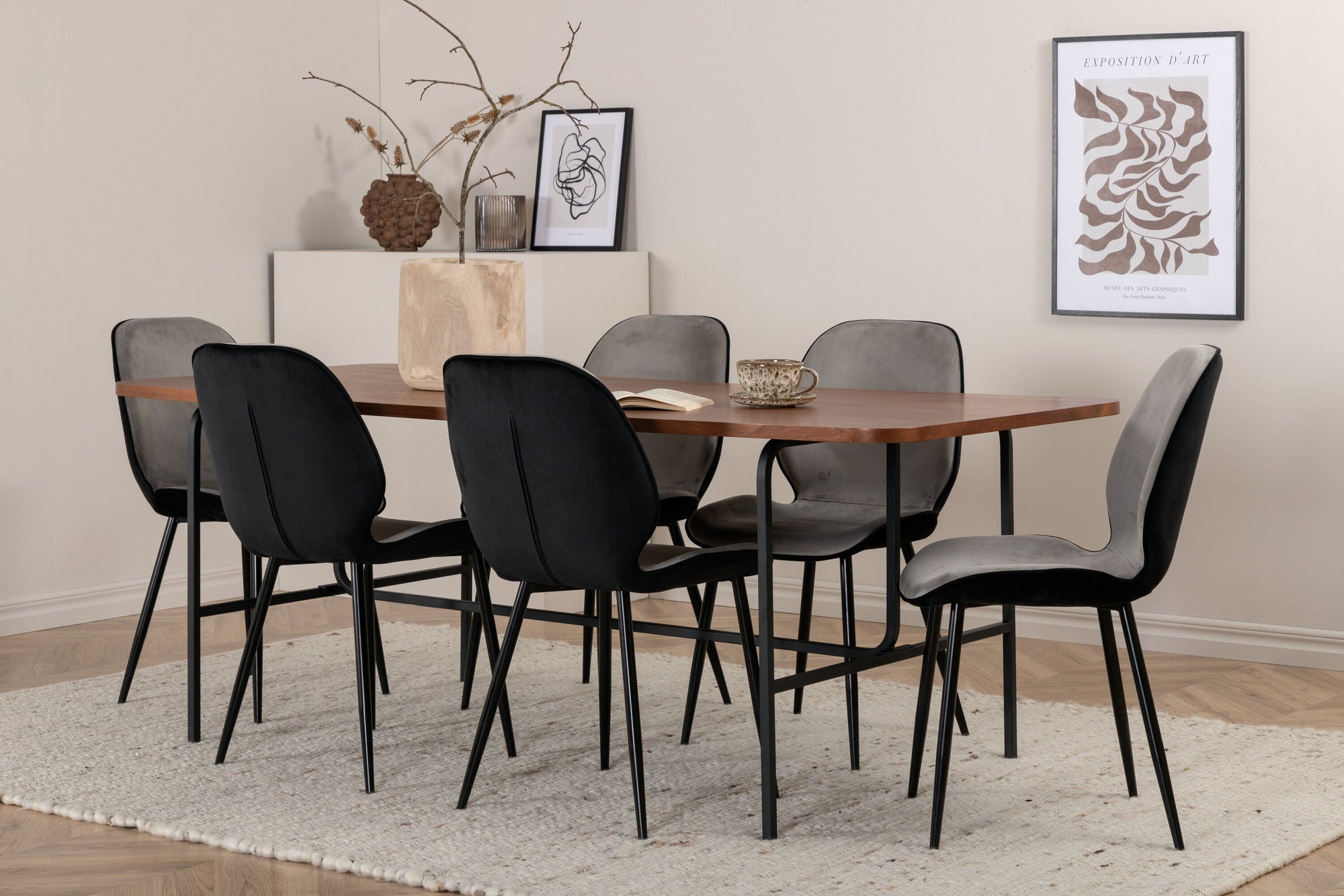 Venture Home Uno spisebord - Black / Walnut Veneer+Emma stol - Black / Black and Light Grey Black Velvet in Back Grey Velvet in front_6