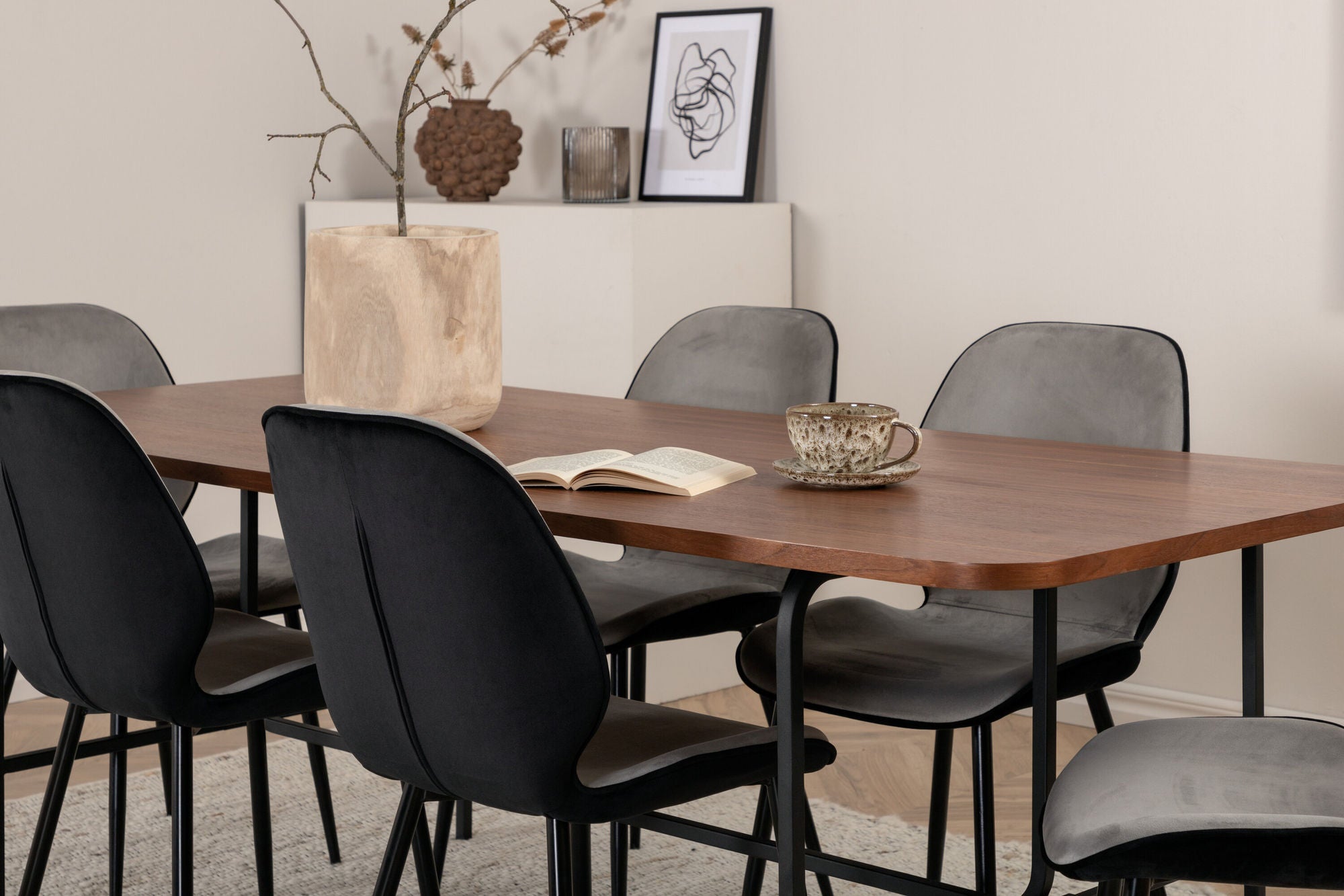 Venture Home Uno spisebord - Black / Walnut Veneer+Emma stol - Black / Black and Light Grey Black Velvet in Back Grey Velvet in front_6