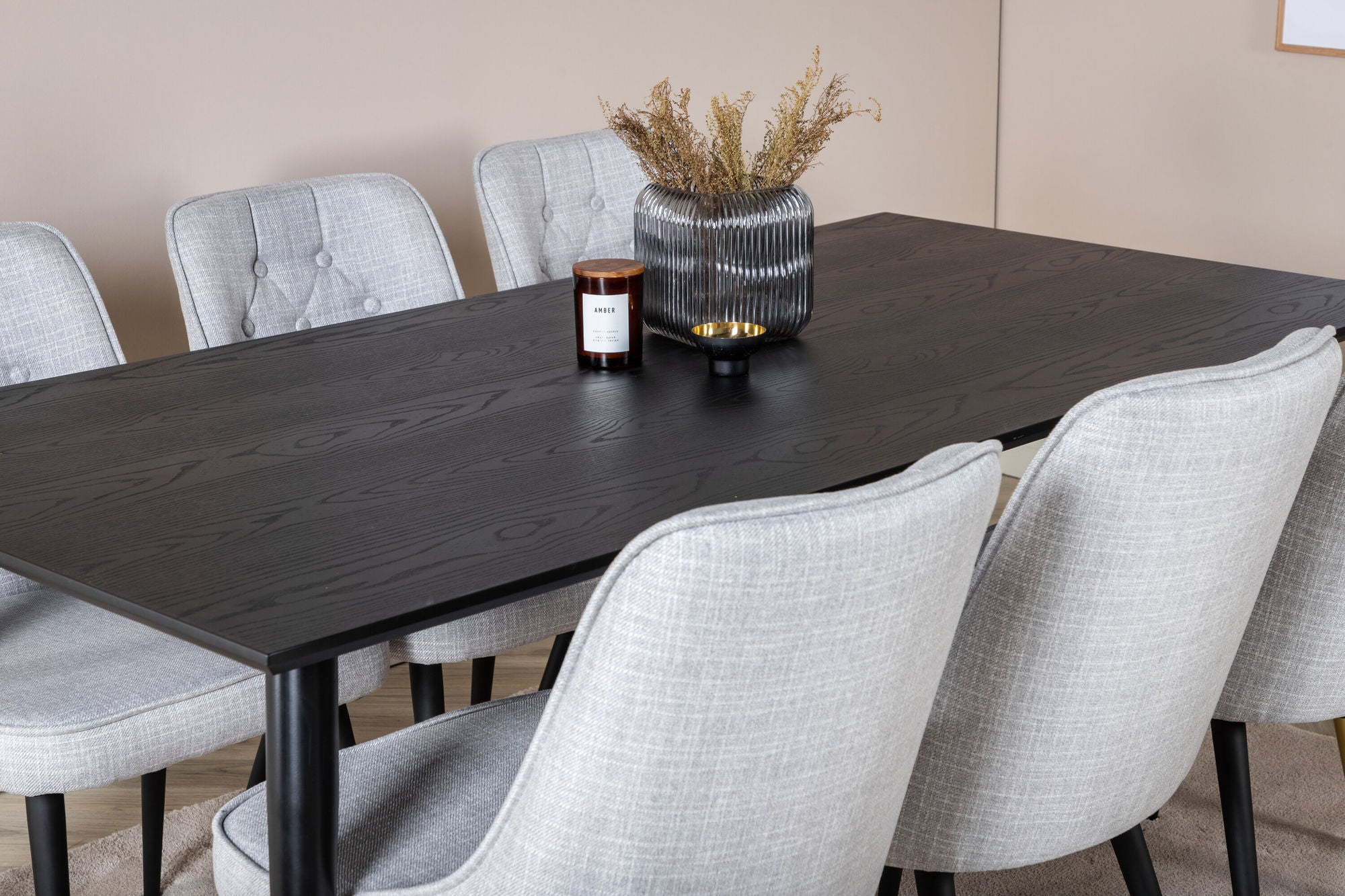 Venture Home Dipp spisebord - 180*90cm - Black / Black Brass+Velvet Deluxe Spisebordsstol - Black Legs - Light Grey Fabric_6