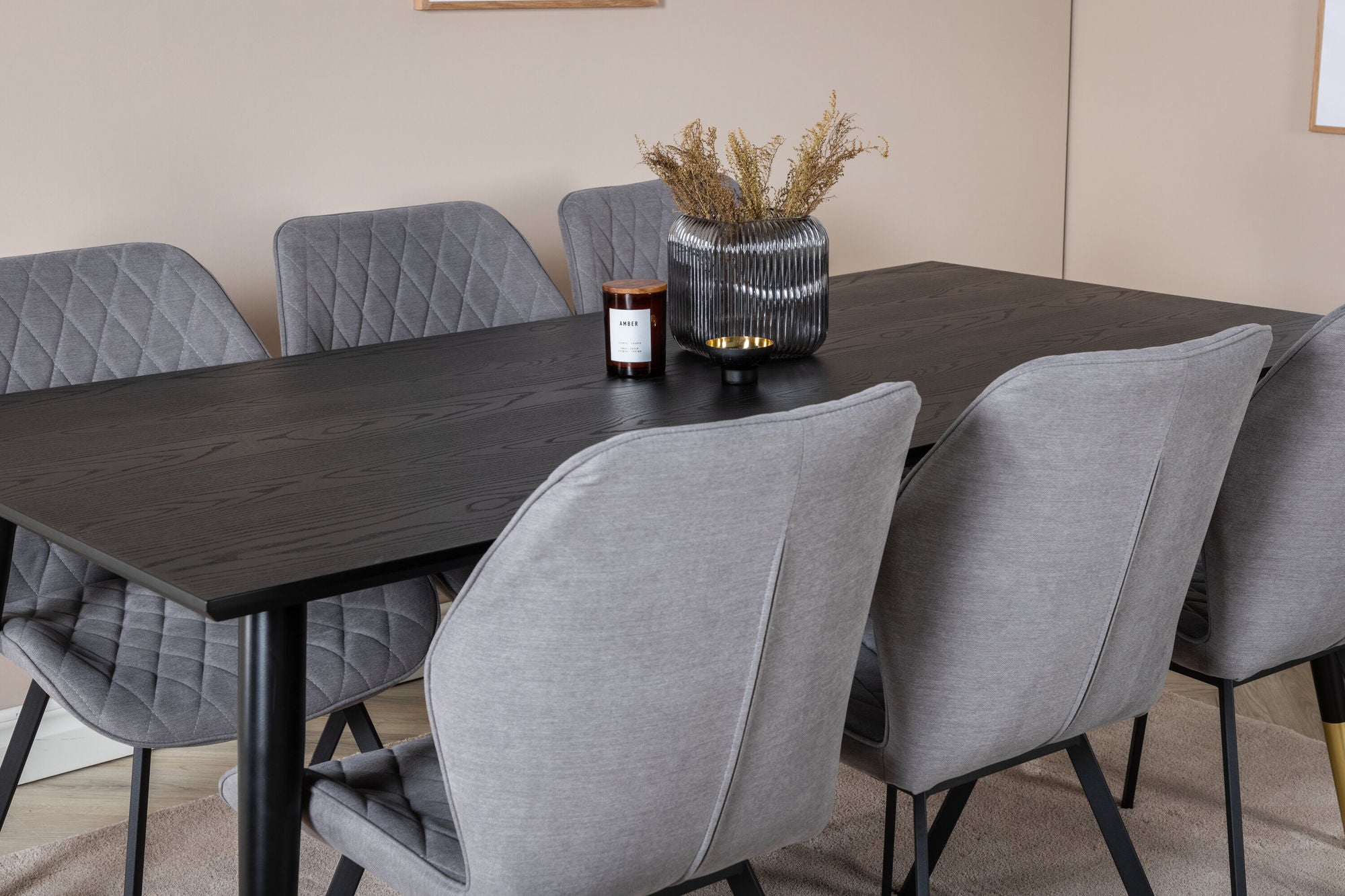 Venture Home Dipp spisebord - 180*90cm - Black / Black Brass+Gemma Spisebordsstol - Black Legs - Grey Fabric_6