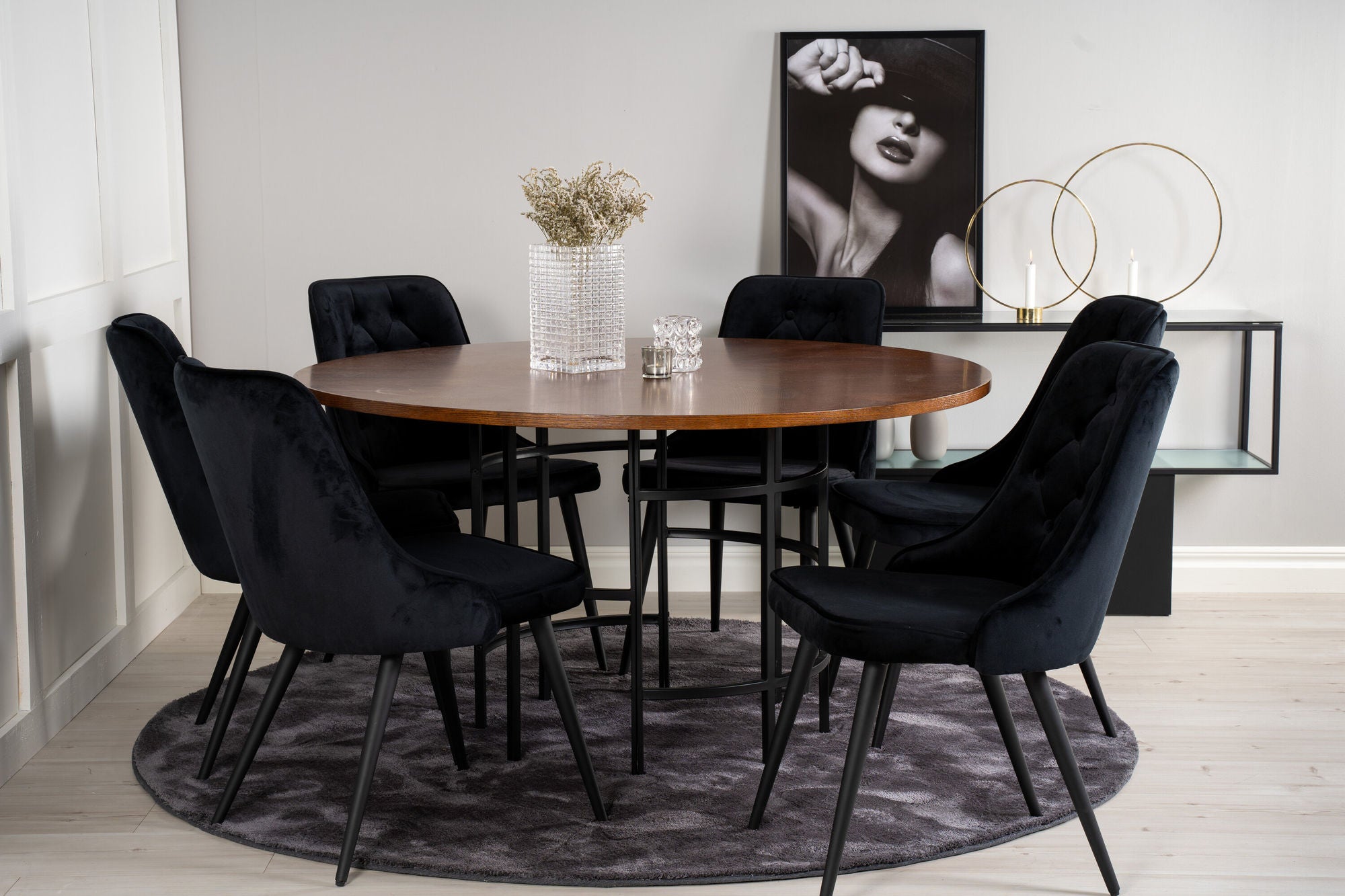 Venture Home Copenhagen - spisebord round - Brown / Black+Velvet Deluxe Spisebordsstol - Black legs / Black velvet_6