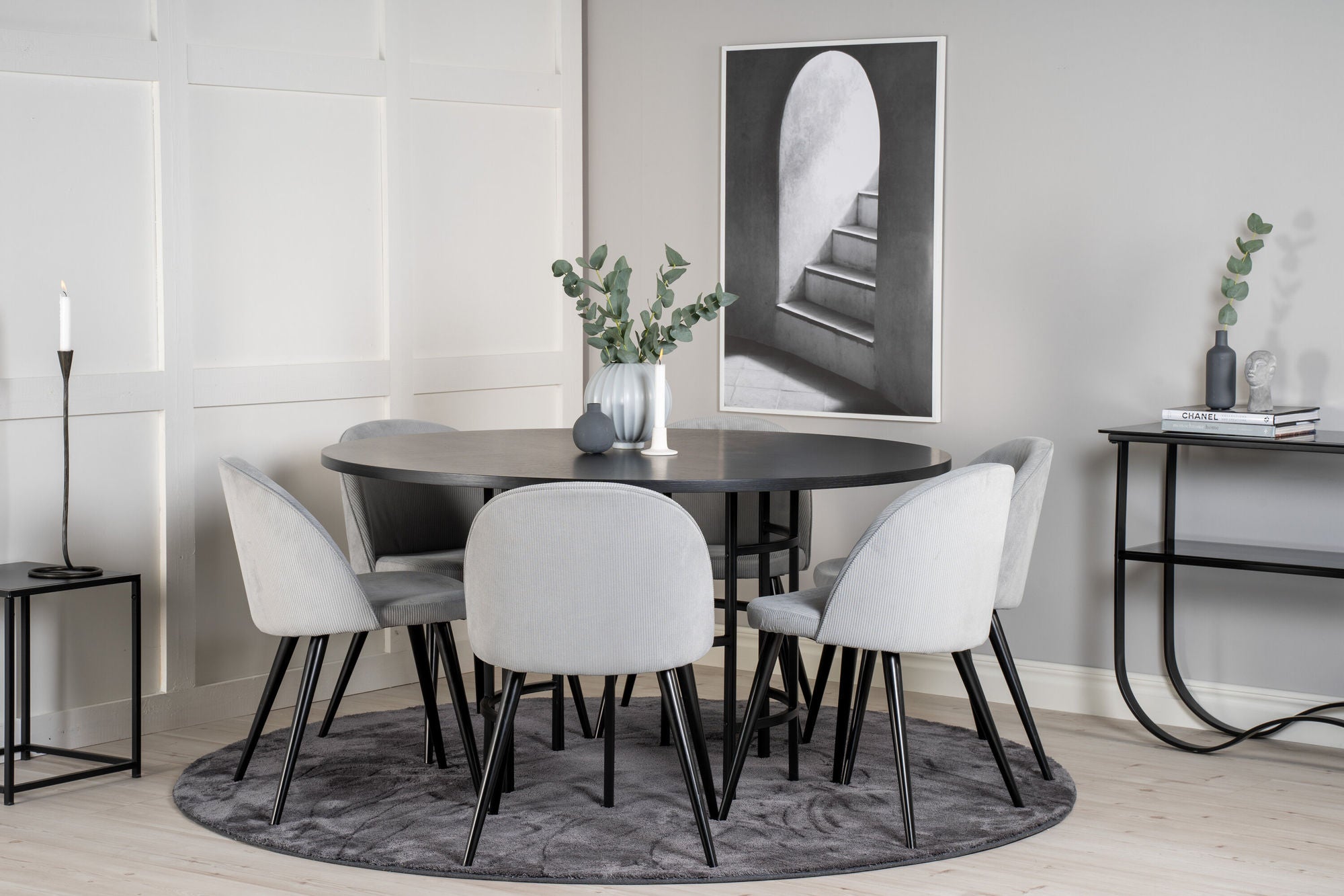 Venture Home Copenhagen - spisebord round - Black / Black+Velvet matstol - Manchester - Svart / Ljusgrå_6