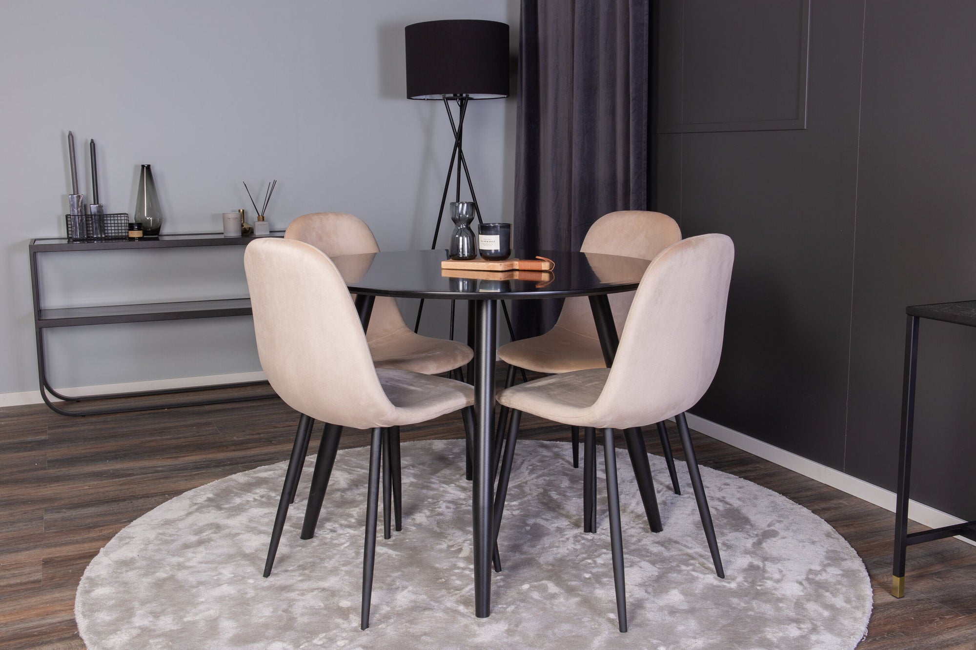 Venture Home Plaza Runt Matbord - Svart / Svart - ø100*H75 +Polar Spisebordsstol - Black legs / Beige Velvet _4