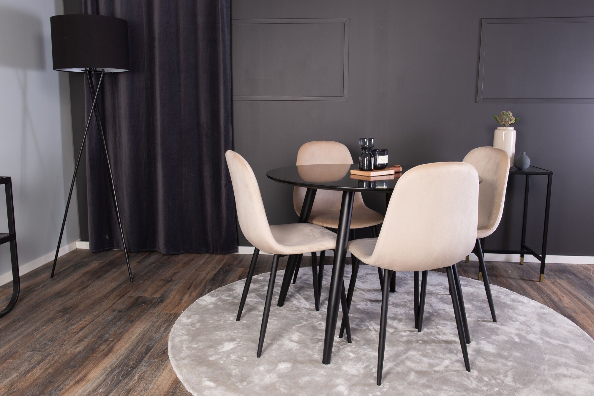 Venture Home Plaza Runt Matbord - Svart / Svart - ø100*H75 +Polar Spisebordsstol - Black legs / Beige Velvet _4