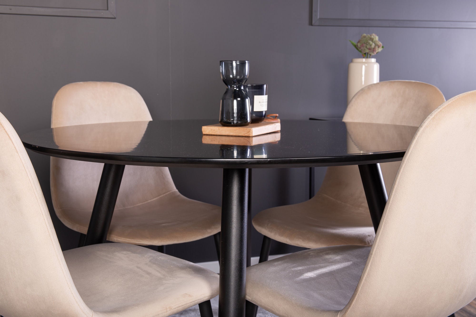 Venture Home Plaza Runt Matbord - Svart / Svart - ø100*H75 +Polar Spisebordsstol - Black legs / Beige Velvet _4