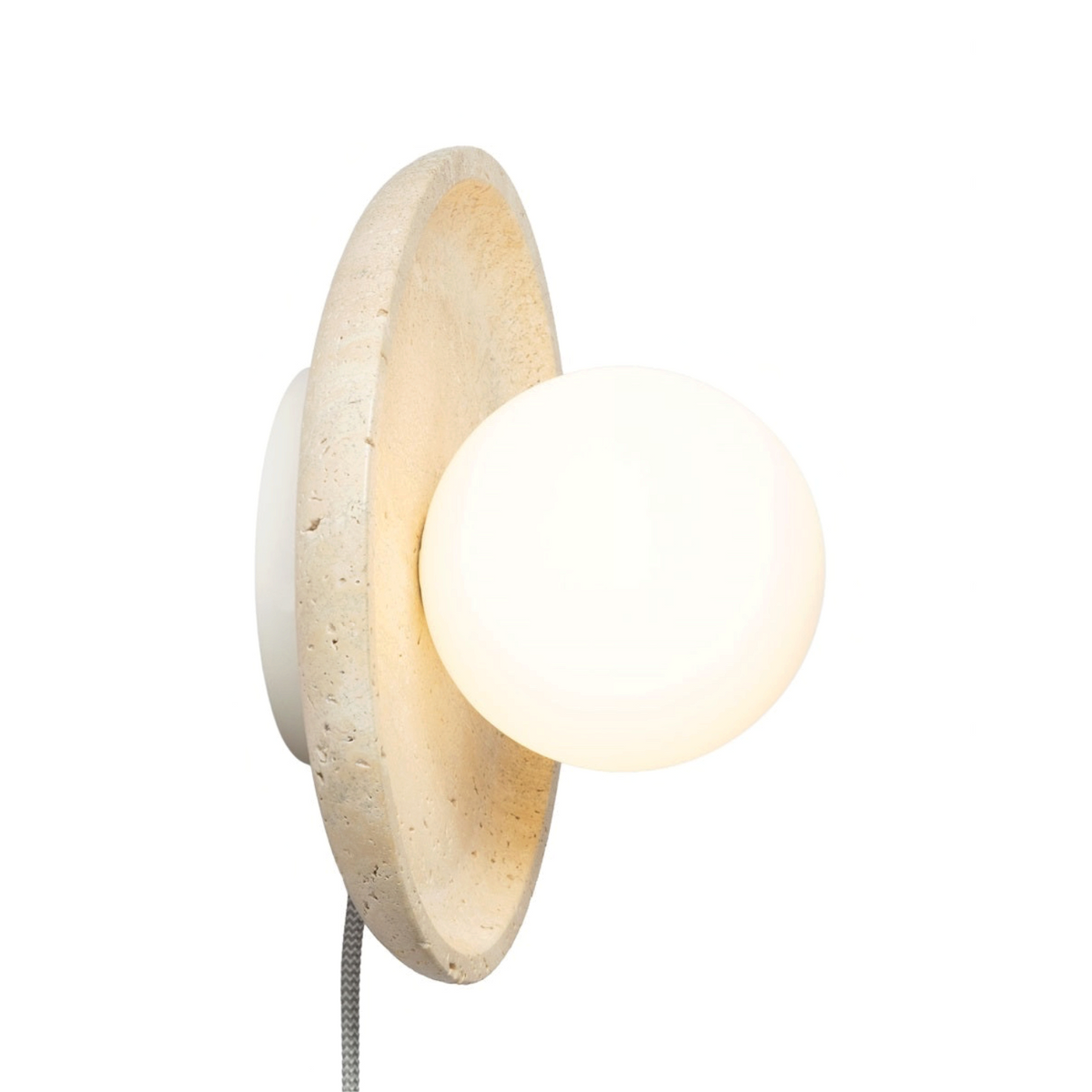 My Store 5 Tivoli white travertine and glass wall lamp with a circular disc design and spherical bulb