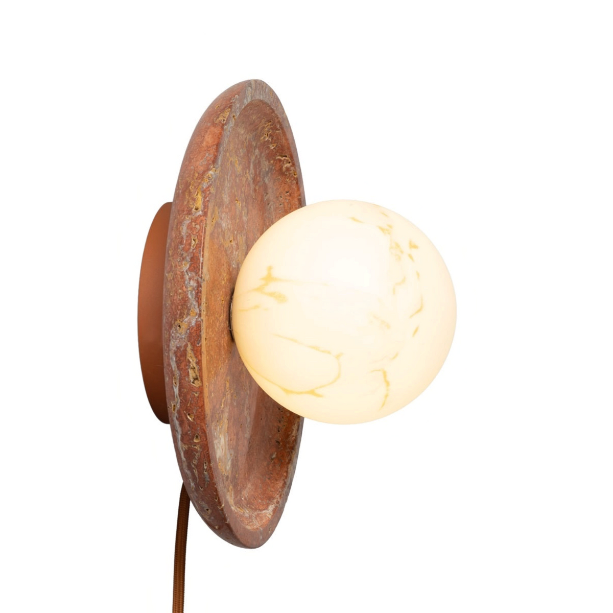 My Store 5 Tivoli wall lamp in Terra featuring a circular travertine disc and a round glass globe light