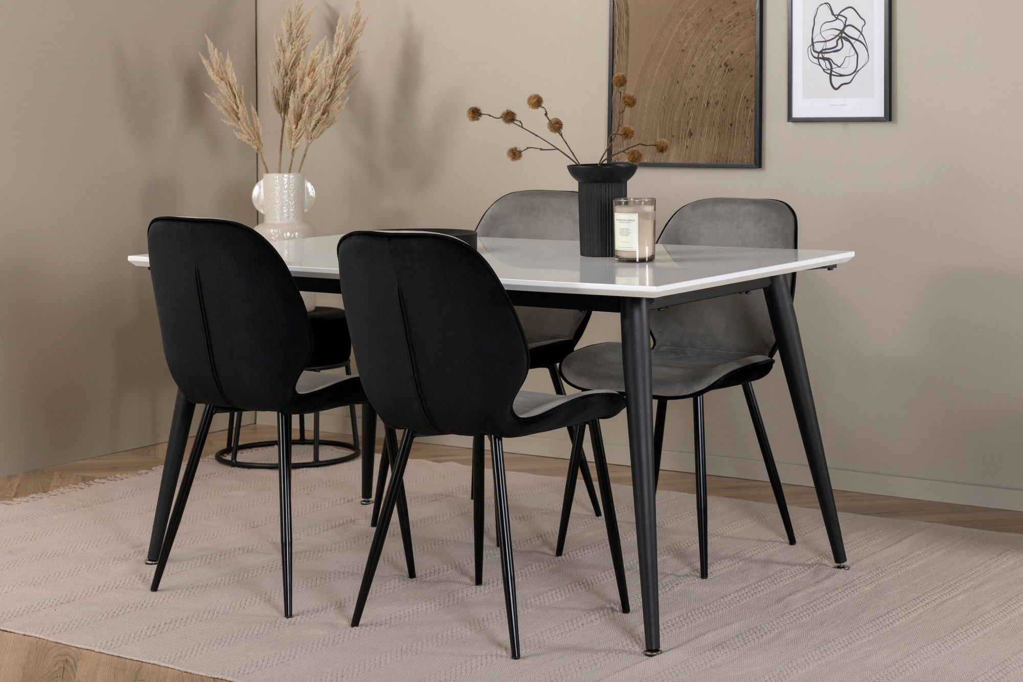 Venture Home Jimmy spisebord - Black / White HPL+Emma stol - Black / Black and Light Grey Black Velvet in Back Grey Velvet in front_4