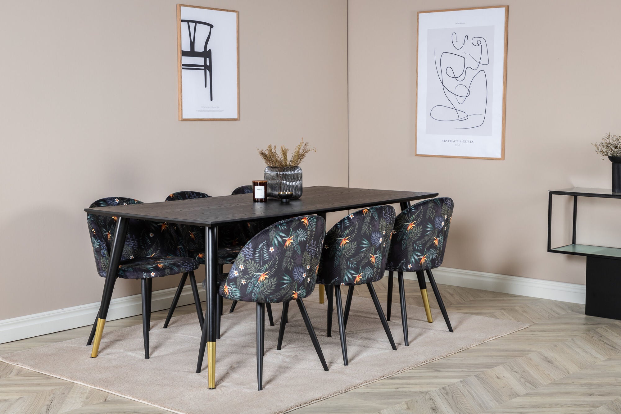 Venture Home Dipp spisebord - 180*90cm - Black / Black Brass+Velvet Spisebordsstol - Black Flower fabric_6