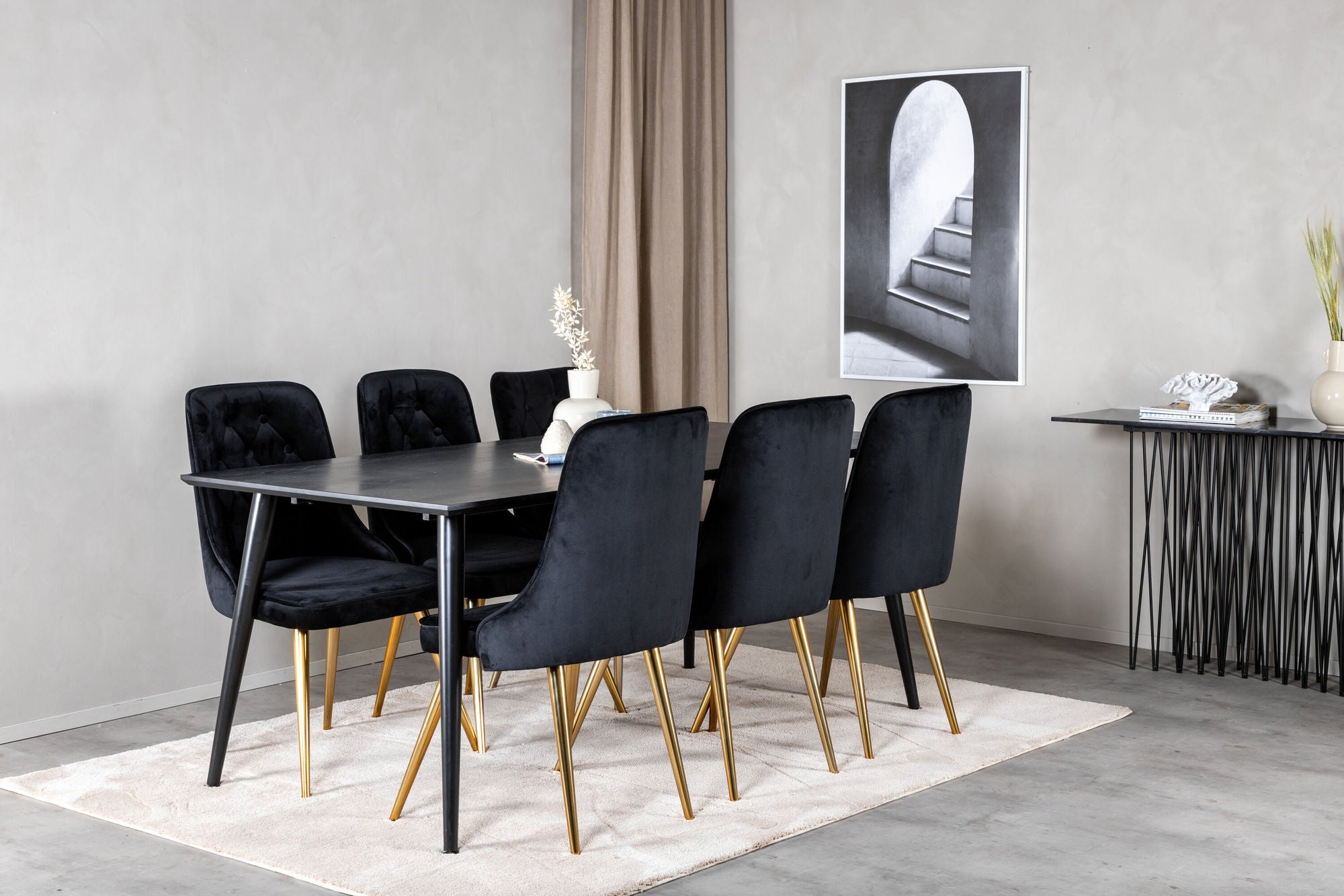 Venture Home Dipp spisebord - 180*90cm - Black Veneer / all black legs +Velvet Deluxe Spisebordsstol - Black / Brass_6