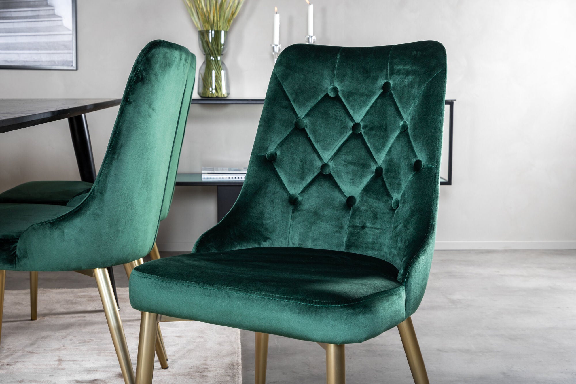Venture Home Dipp spisebord - 180*90cm - Black Veneer / all black legs +Velvet Deluxe Spisebordsstol - Green / Brass_6
