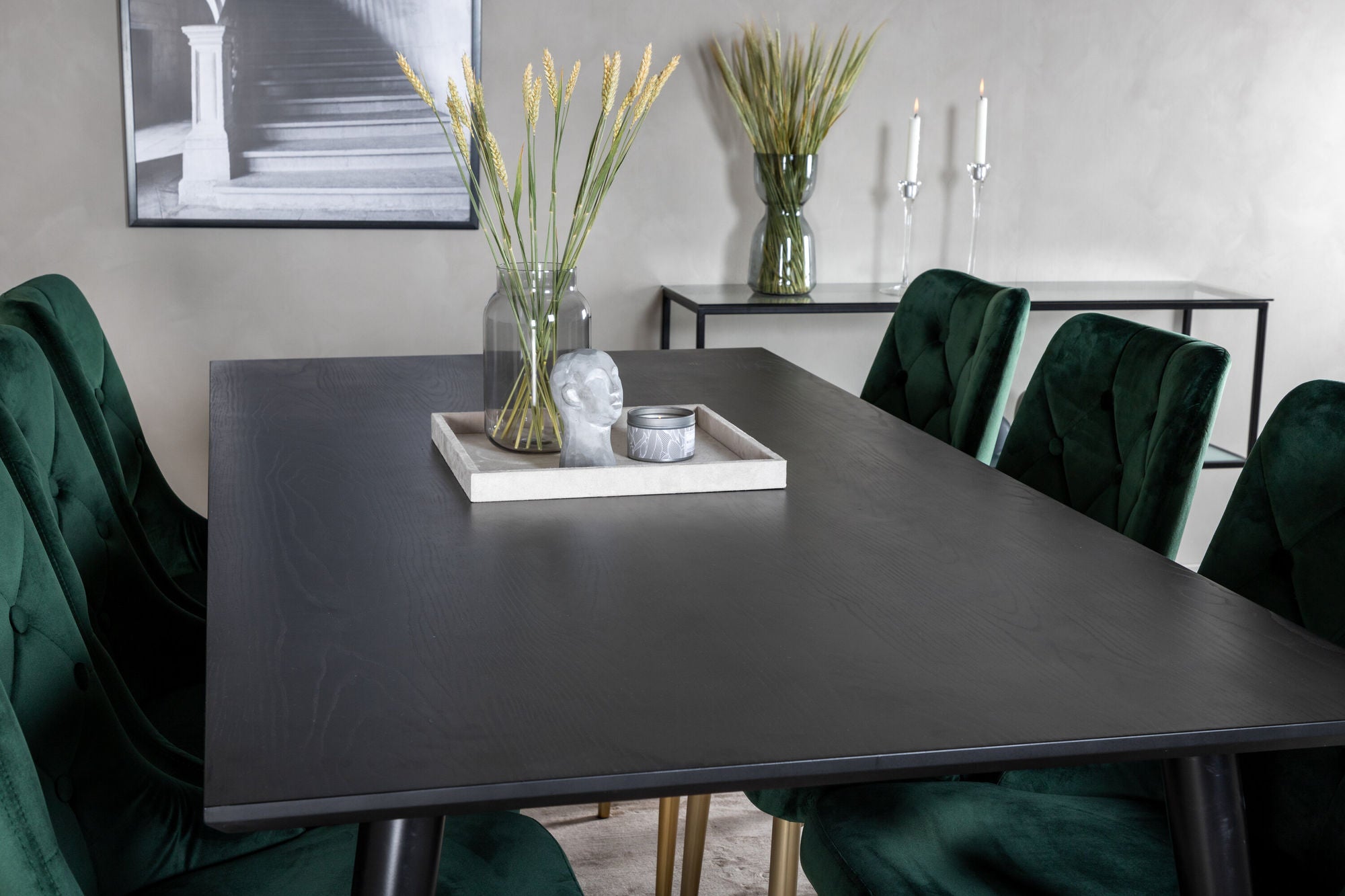 Venture Home Dipp spisebord - 180*90cm - Black Veneer / all black legs +Velvet Deluxe Spisebordsstol - Green / Brass_6