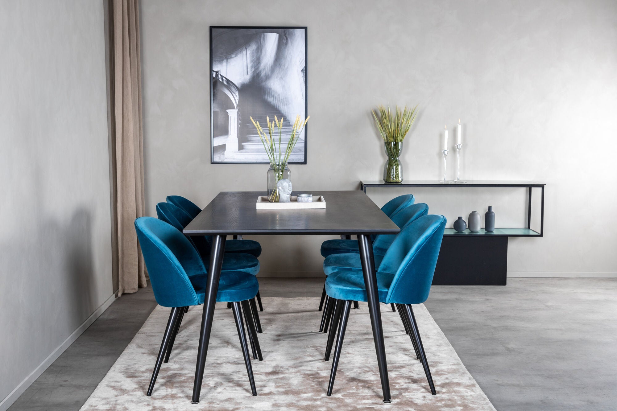 Venture Home Dipp spisebord - 180*90cm - Black Veneer / all black legs +Velvet Spisebordsstol - Blue / Black_6