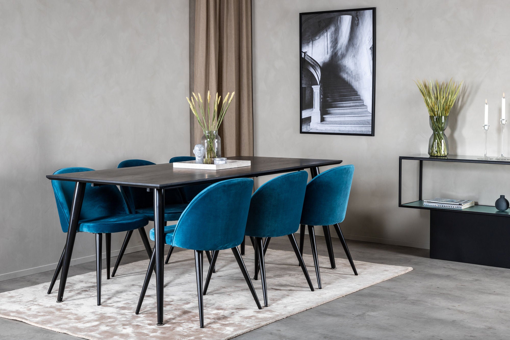 Venture Home Dipp spisebord - 180*90cm - Black Veneer / all black legs +Velvet Spisebordsstol - Blue / Black_6