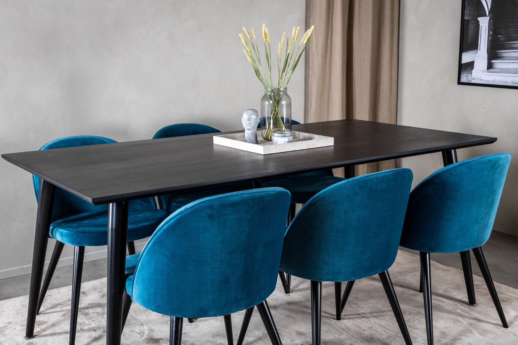 Venture Home Dipp spisebord - 180*90cm - Black Veneer / all black legs +Velvet Spisebordsstol - Blue / Black_6