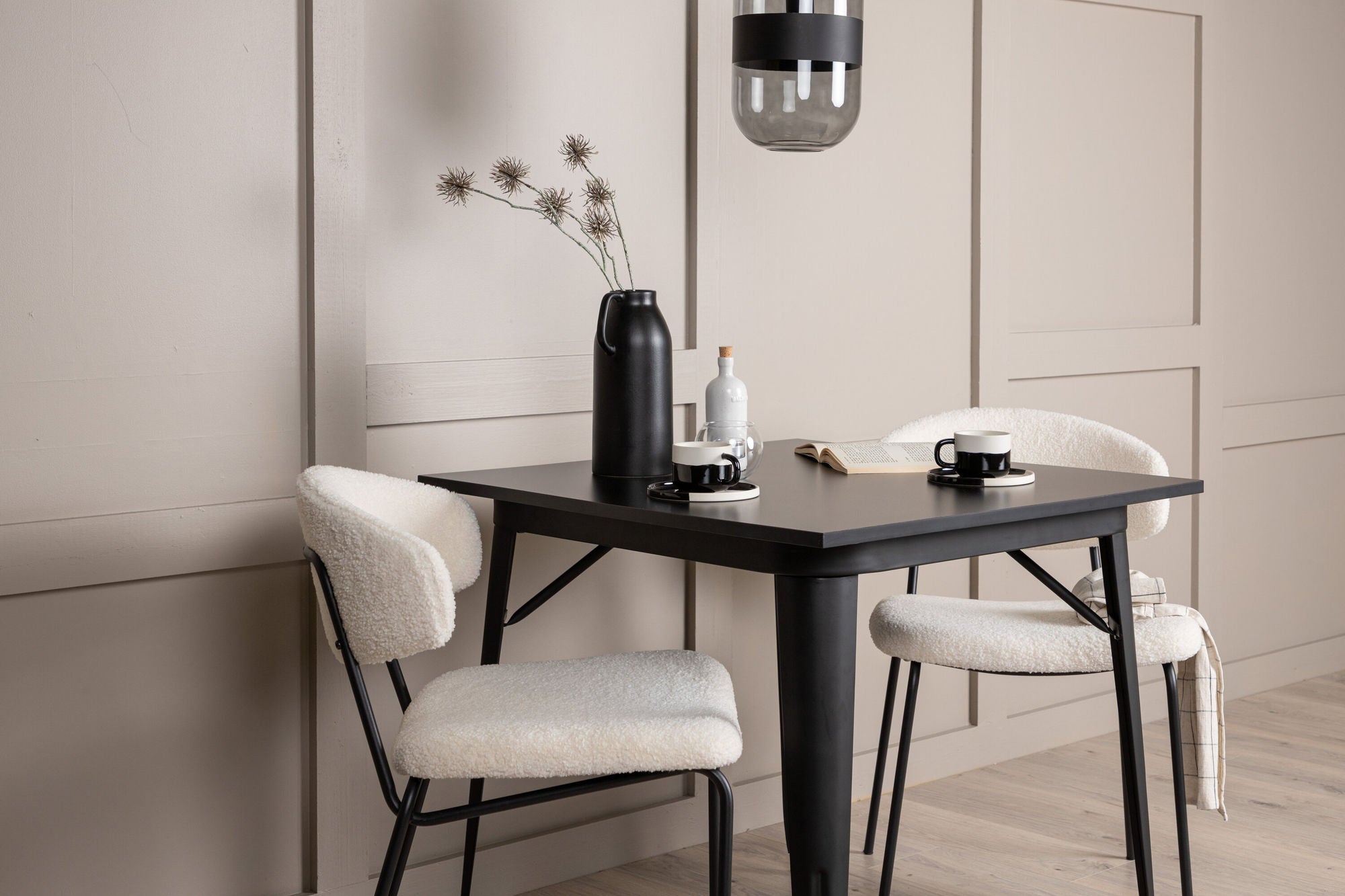 Venture Home Tempe spisebord - Black / Black MDF +Chico Spisebordsstol - Black / White Boucle _2