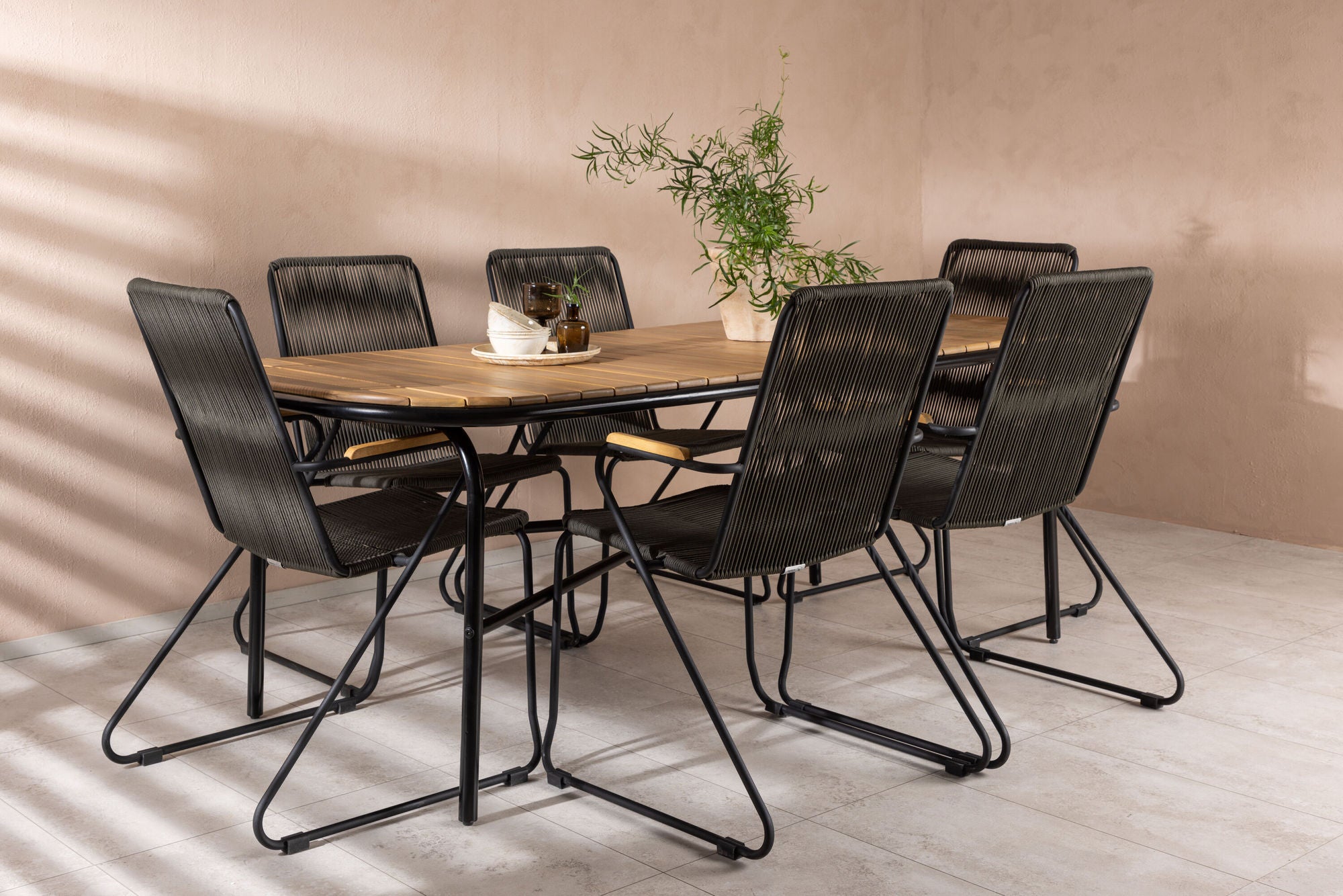 Venture Home Holmbeck Diningbord Steel - Black / Rectangular 90*200*75 +Bois Diningchair Steel - Black / Dark Grey Rope _6