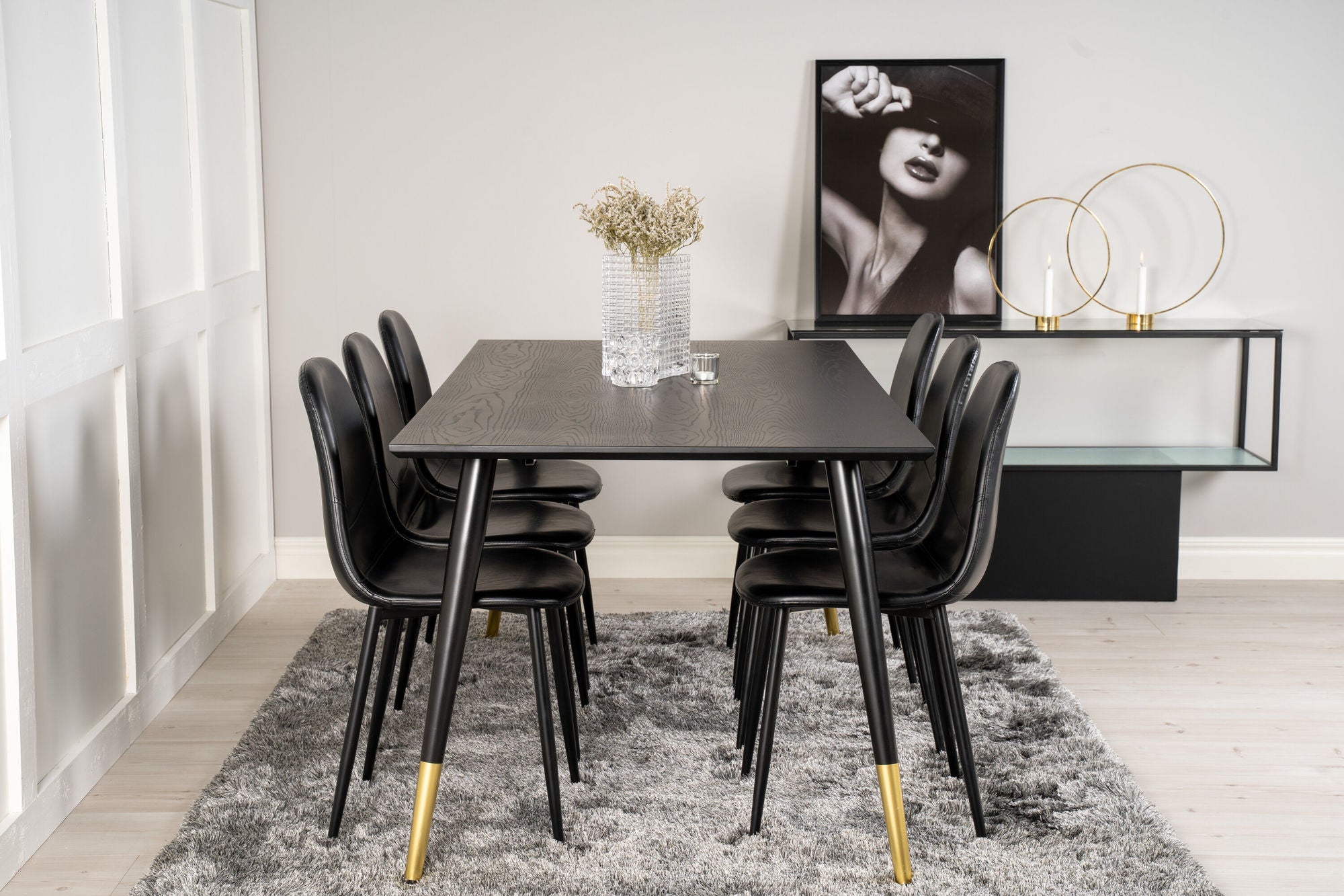 Venture Home Dipp spisebord - 180*90cm - Black Veneer / black legs w brass dipp +Polar Matstol - Svart / Svart PU _6