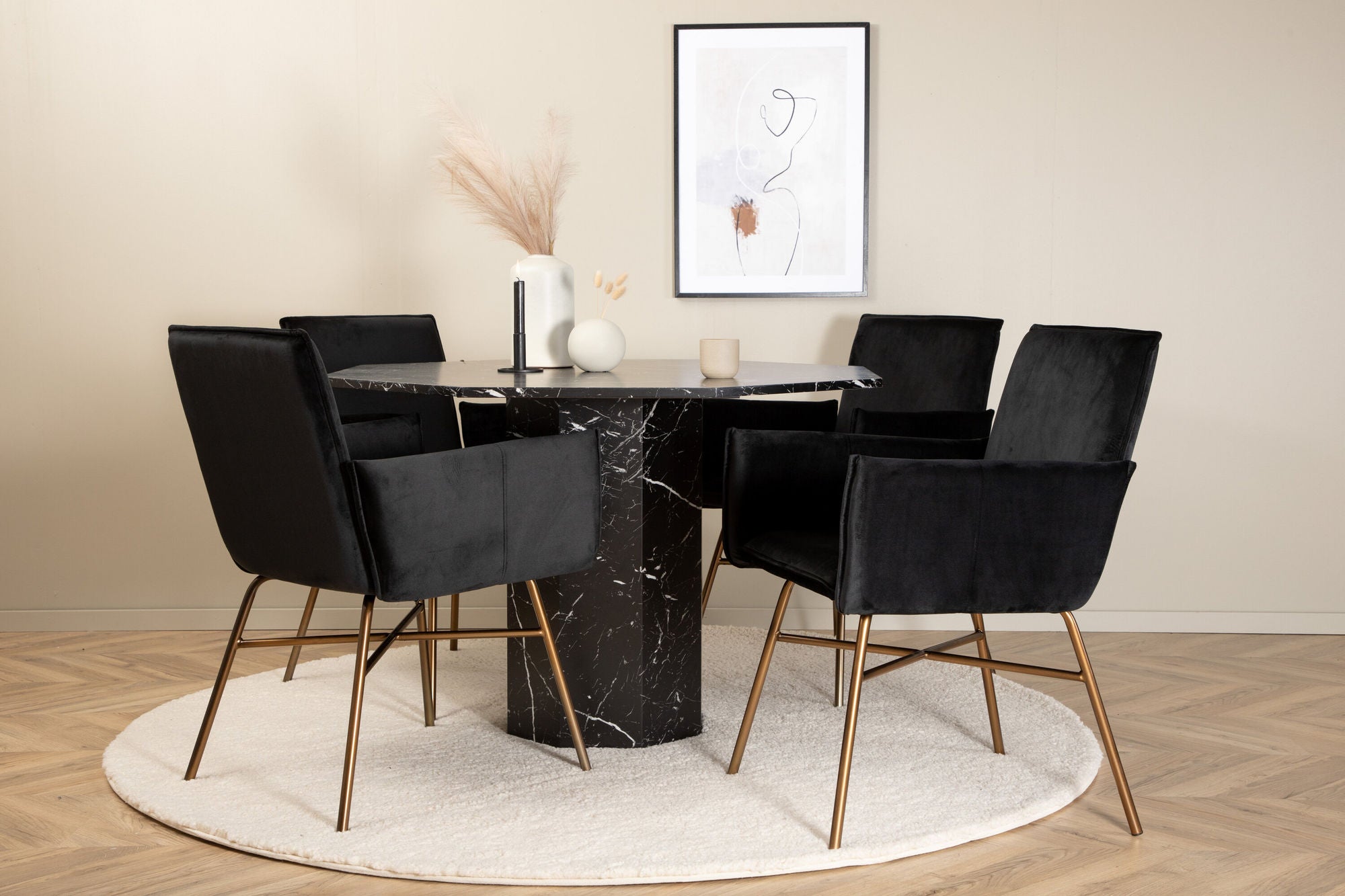 Venture Home Marbs rund spisebord - Black / Black Glass Marble+Petra stol - Distressed Copper / Black Velvet_4