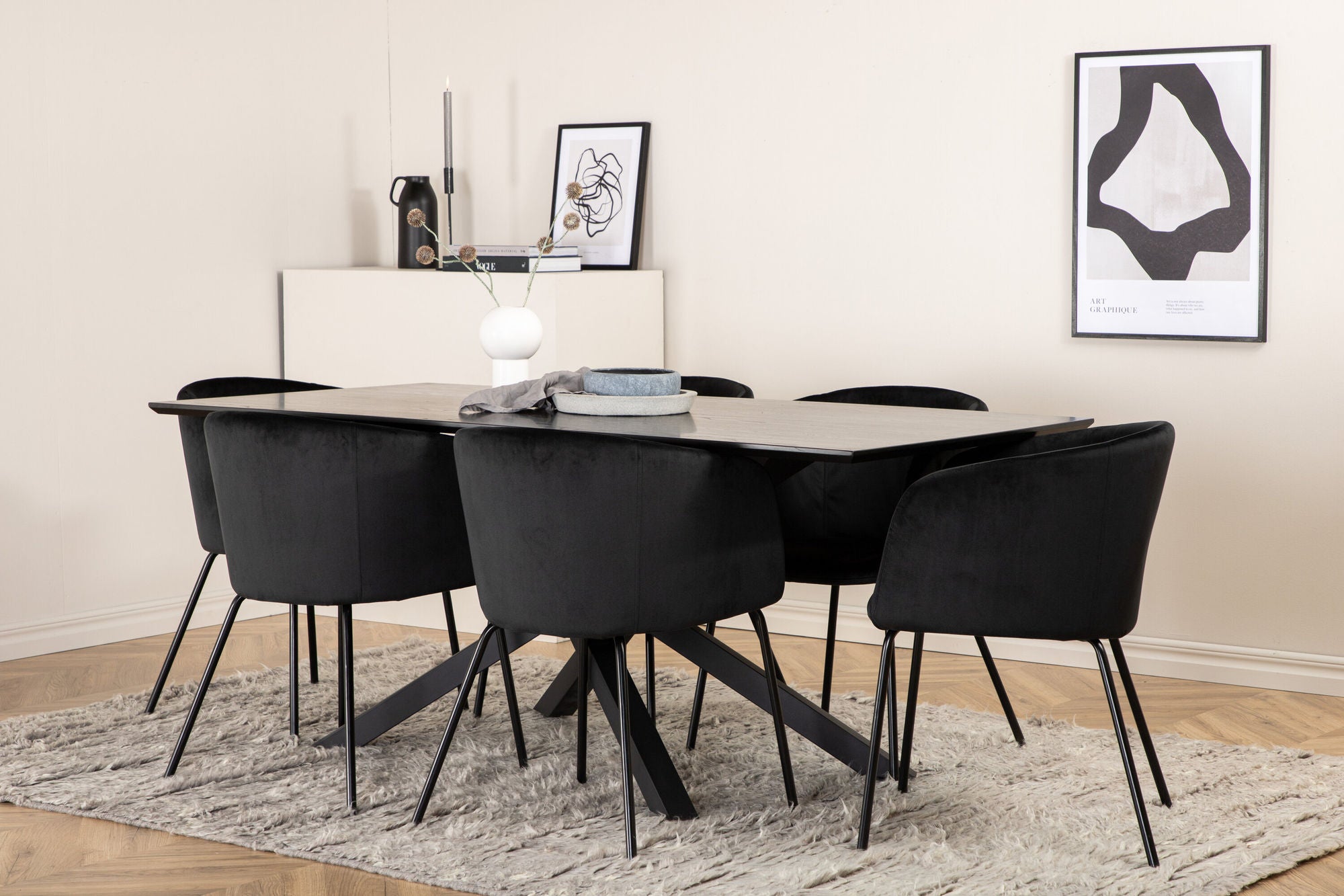 Venture Home Piazza spisebord - Black / Black Veneer+Berit stol - Black / Black Velvet_6